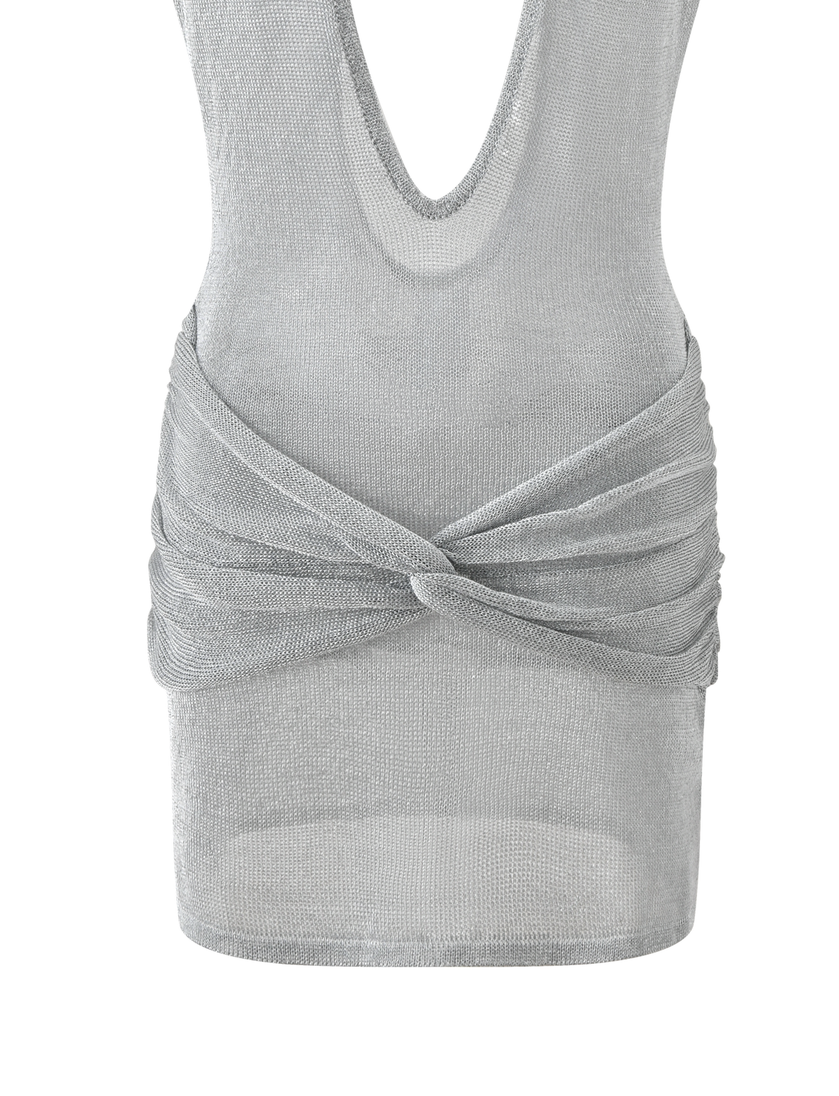 The ZOSIA MINI DRESS by TIGERMIST is a sleeveless silver knit mini with a deep V-neckline, featuring gathered draping and a twisted, knotted effect at the front for a chic drop waist silhouette.