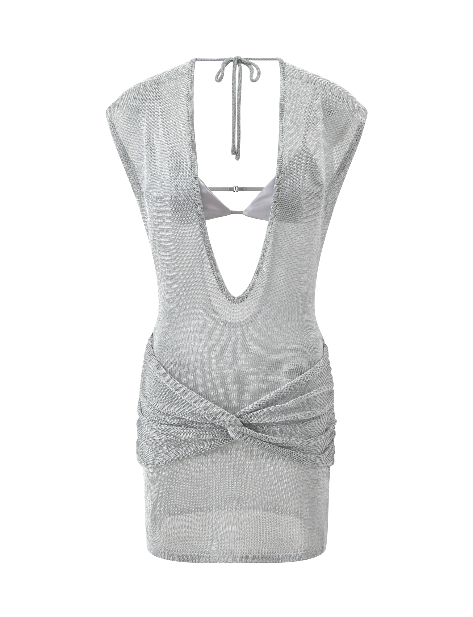 The ZOSIA MINI DRESS - SILVER by TIGERMIST features a silver knit mini design with a deep V neckline, open back with tie closure, and draped twisted drop waist detail layered over a matching satin bralette-style top.