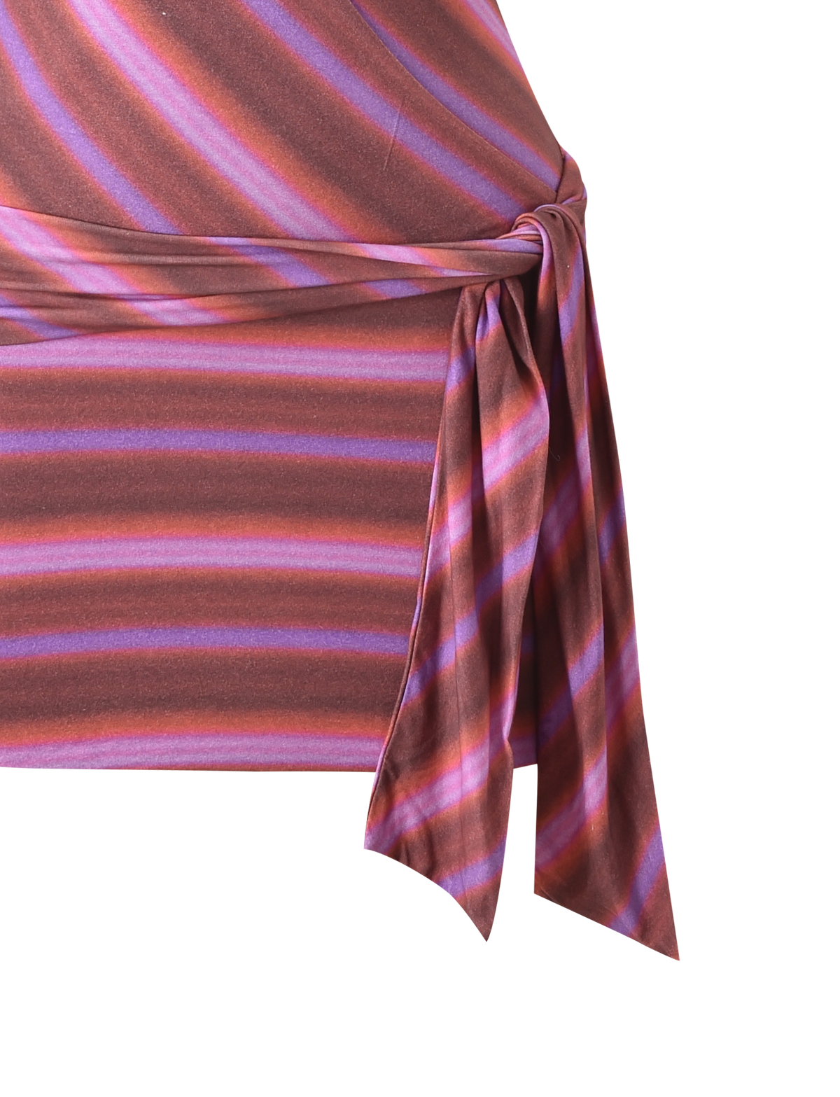 A close-up of the TIGERMIST SORRENTO MINI DRESS - DUSK OMBRE STRIPE, showing diagonal purple and pink stripes, a side tie knot with hanging ends, set against a plain white background.