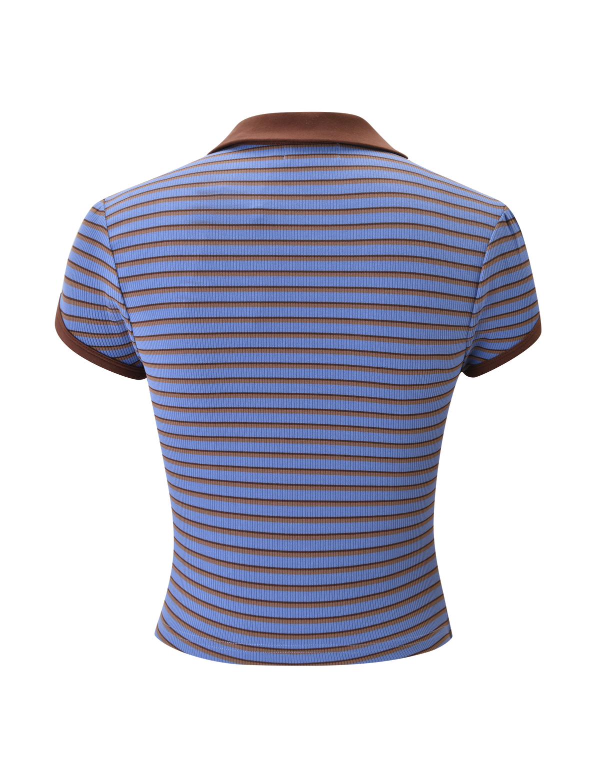 The TIGERMIST KAYDIN TOP - BLUE AND BROWN STRIPE features rib knit fabric, horizontal blue and brown stripes, and a matching brown collar and sleeve cuffs, shown from the back against a plain white background.