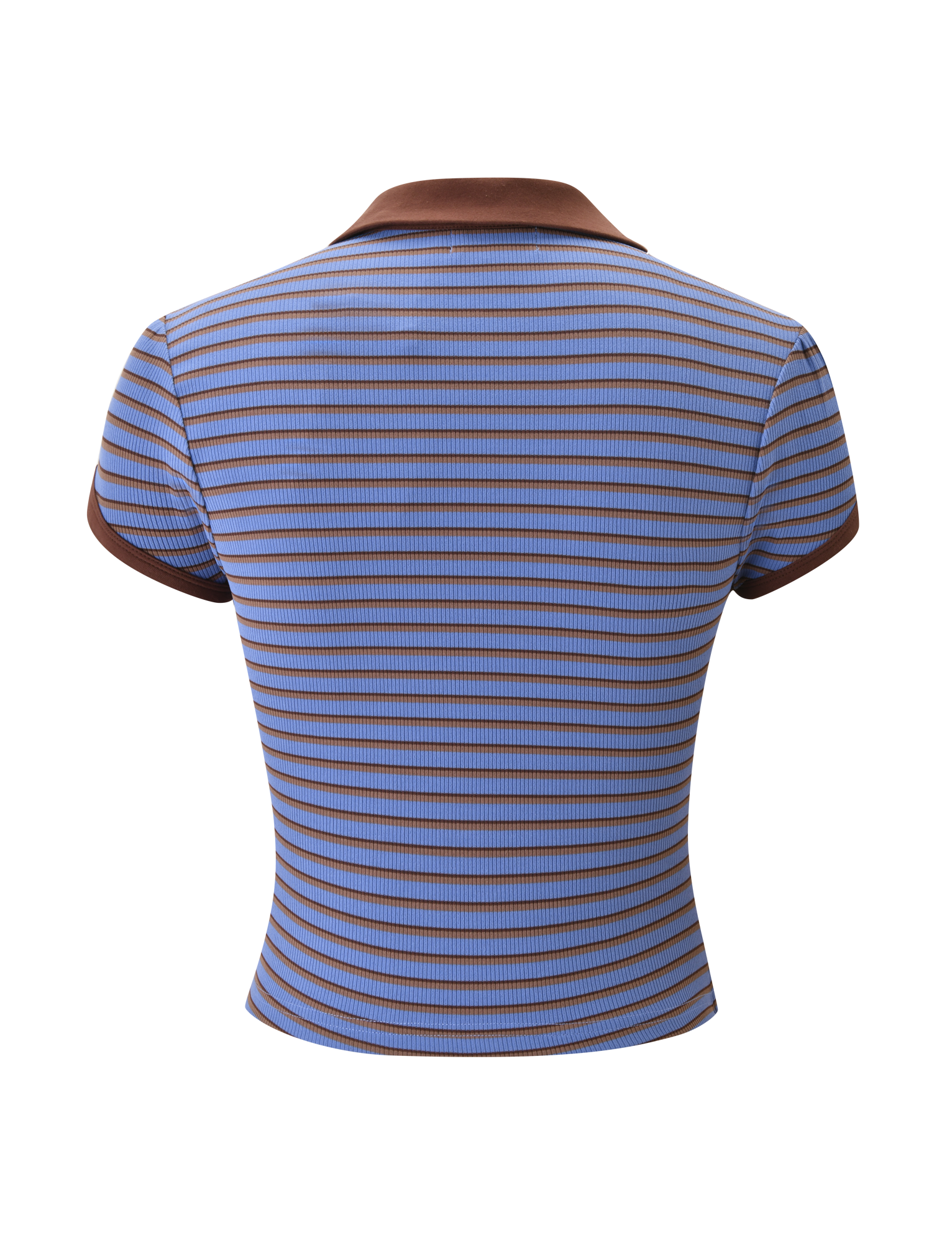 The TIGERMIST KAYDIN TOP - BLUE AND BROWN STRIPE features rib knit fabric, horizontal blue and brown stripes, and a matching brown collar and sleeve cuffs, shown from the back against a plain white background.