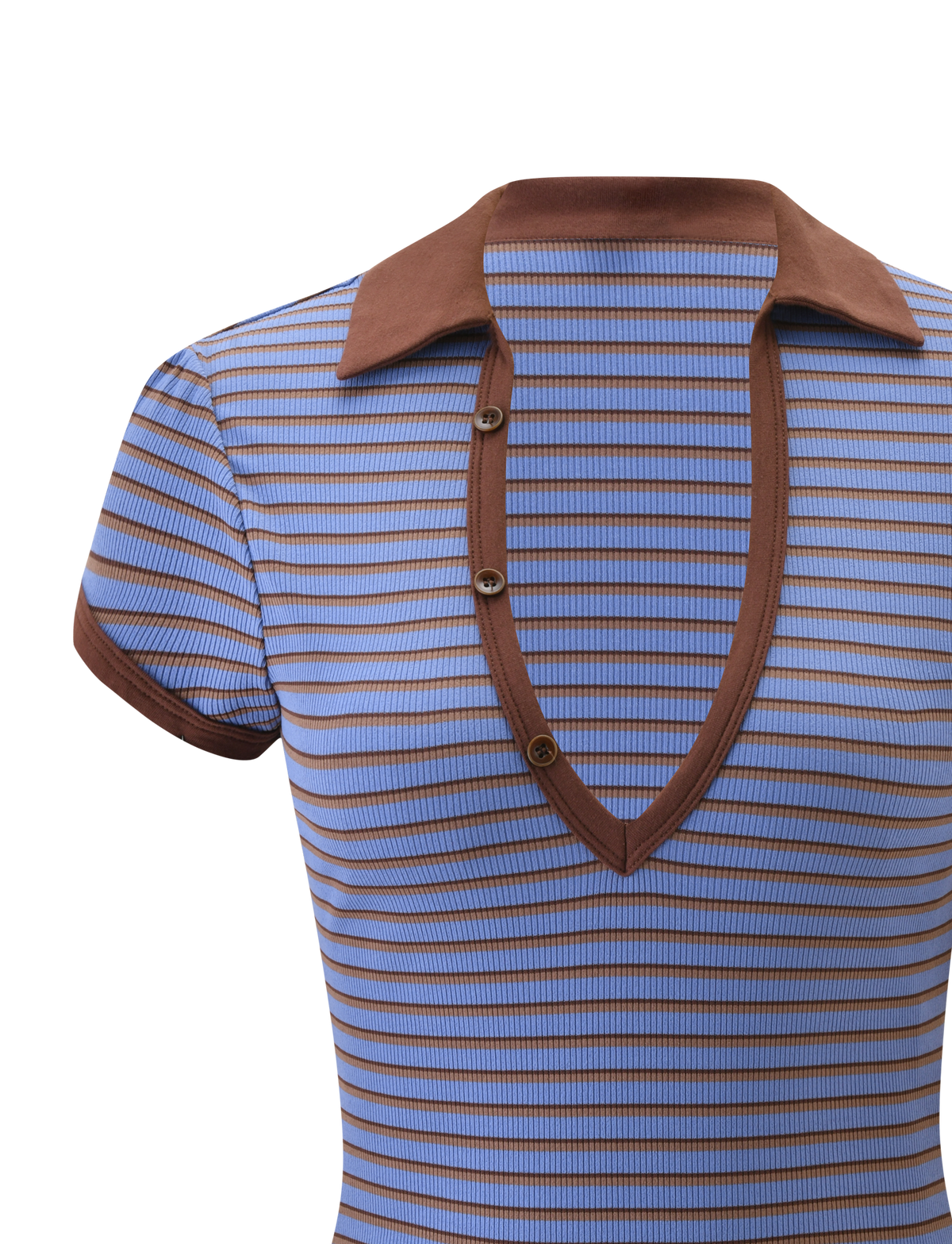 The KAYDIN TOP - BLUE AND BROWN STRIPE by TIGERMIST is a rib knit shirt with horizontal blue and brown stripes, a brown collar, deep V-neckline with matching trim, and three buttons—perfect for versatile styling.