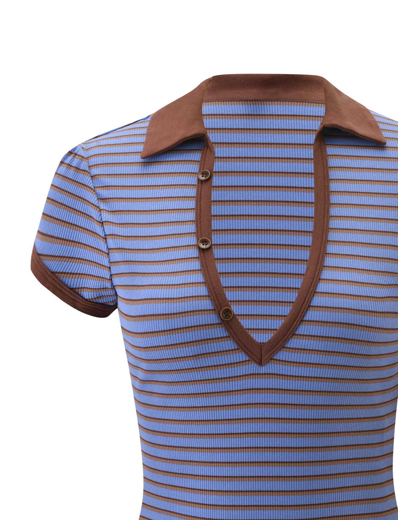 The KAYDIN TOP - BLUE AND BROWN STRIPE by TIGERMIST is a rib knit shirt with horizontal blue and brown stripes, a brown collar, deep V-neckline with matching trim, and three buttons—perfect for versatile styling.