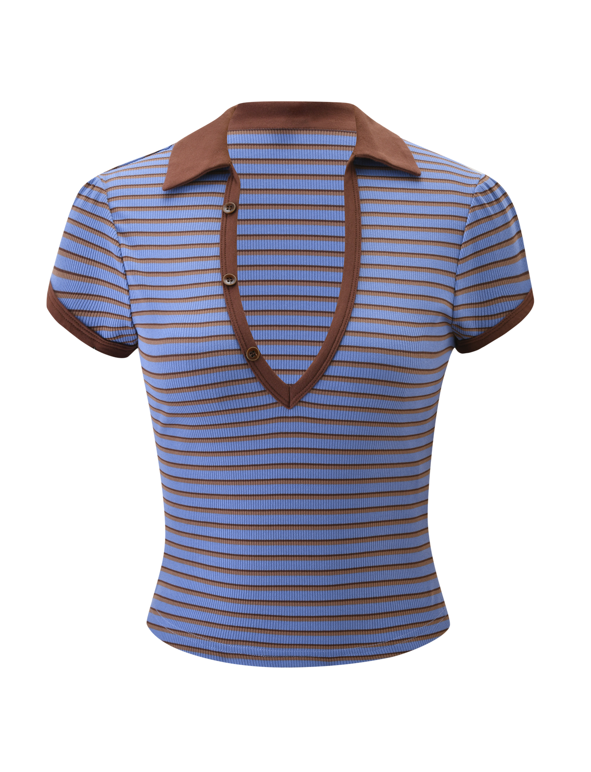 The KAYDIN TOP by TIGERMIST features blue and brown stripes, a deep V-neck with brown buttons, and matching collar and cuffs—a chic, short-sleeve ribbed knit shirt for effortless style.