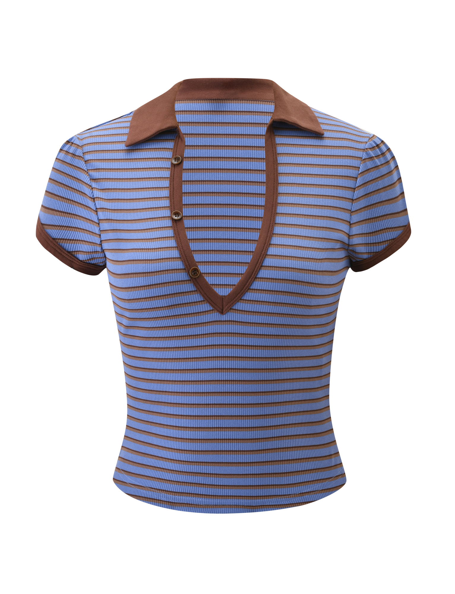 The KAYDIN TOP by TIGERMIST features blue and brown stripes, a deep V-neck with brown buttons, and matching collar and cuffs—a chic, short-sleeve ribbed knit shirt for effortless style.