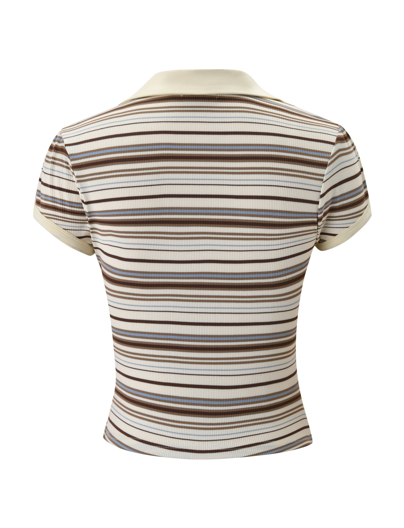 The KAYDIN TOP by TIGERMIST is a short-sleeve, rib knit shirt with a collar and horizontal brown, beige, and cream stripes, shown from the back.