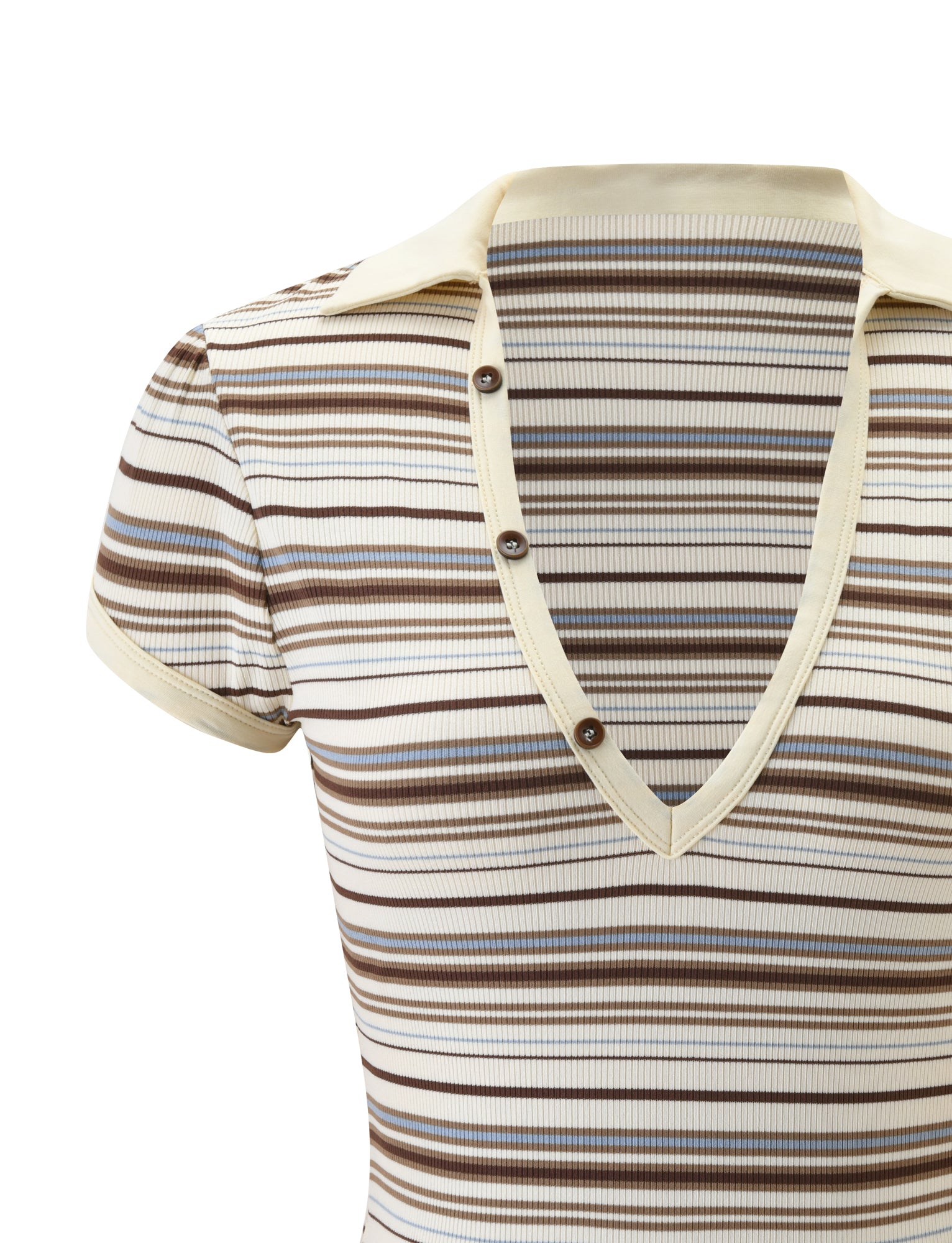 The KAYDIN TOP - CREAM STRIPE by TIGERMIST features short sleeves, beige, brown, and white stripes, a buttoned V-neckline, and a cream collar—your new go-to neutral striped shirt for effortless style.