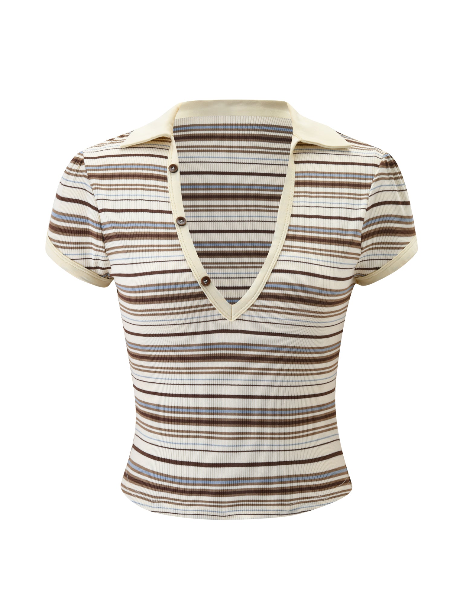 The KAYDIN TOP - CREAM STRIPE by TIGERMIST features a short-sleeved, rib knit design with brown and beige stripes, a deep V-neck with four buttons, and cream collar and trim.