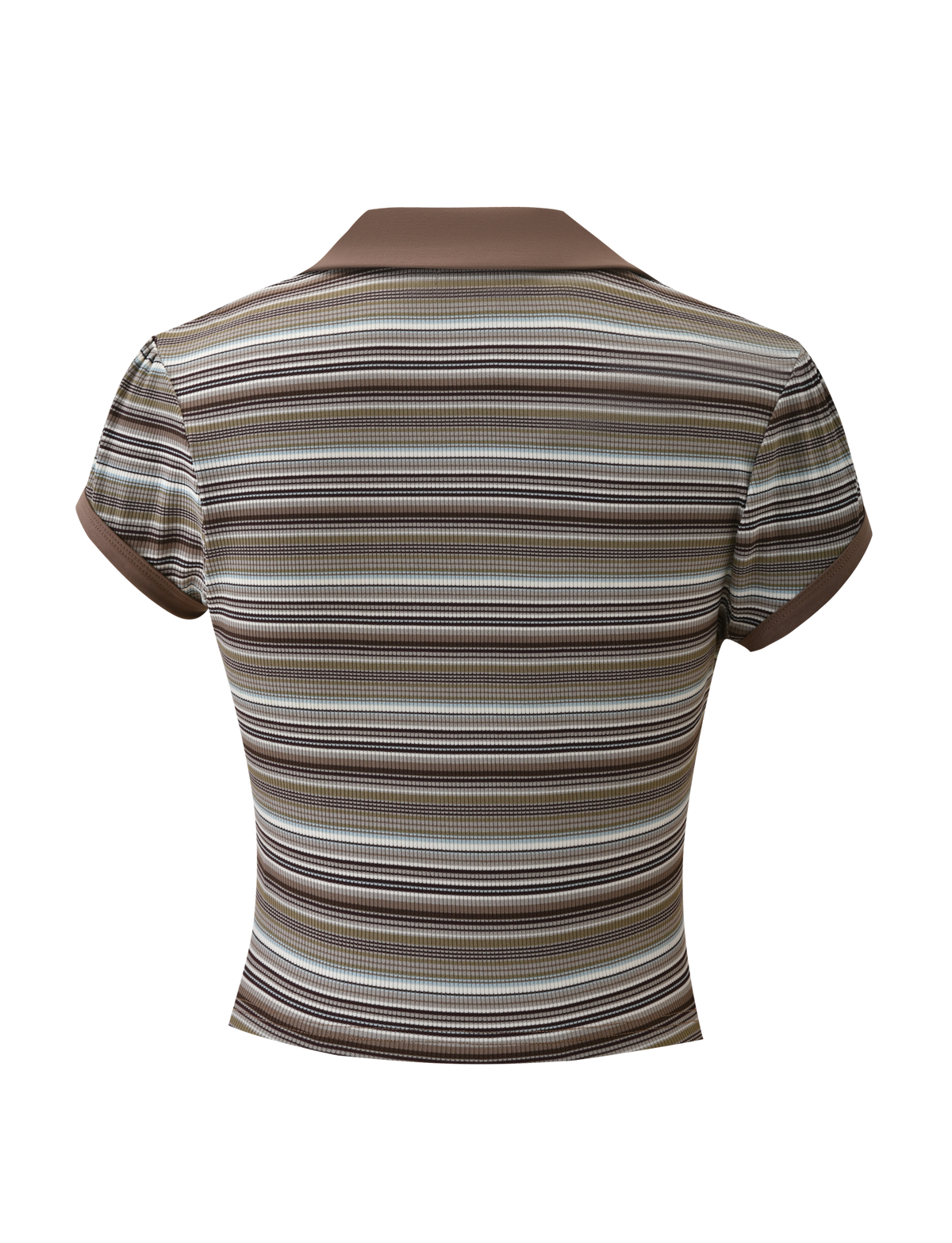 The KAYDIN TOP - MULTISTRIPE by TIGERMIST features a collared, short sleeve design with brown, beige, and white horizontal stripes, shown from the back on a plain white background.