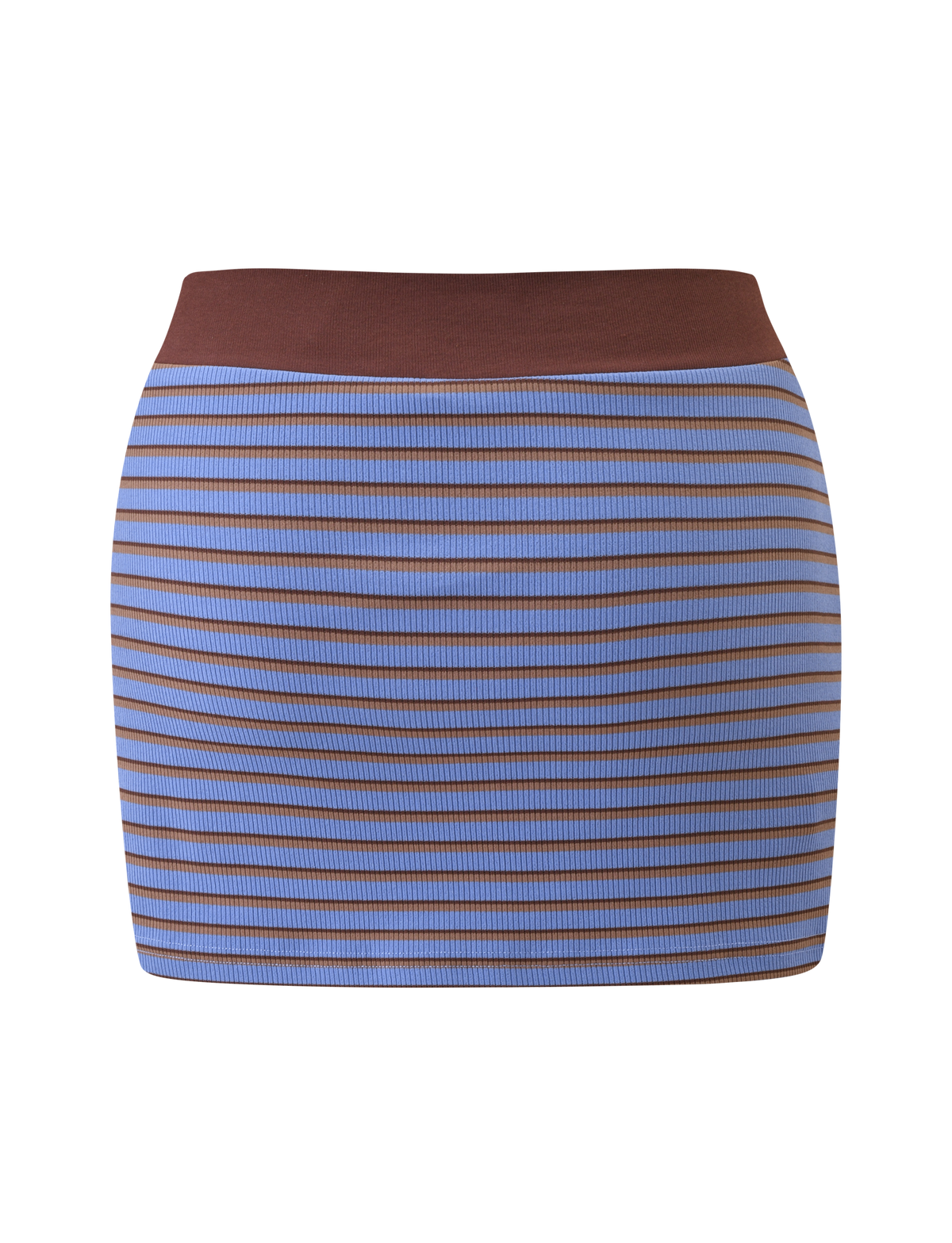 The TIGERMIST KAYDIN SKORT features horizontal blue and brown stripes with a solid brown waistband, shown against a white background.