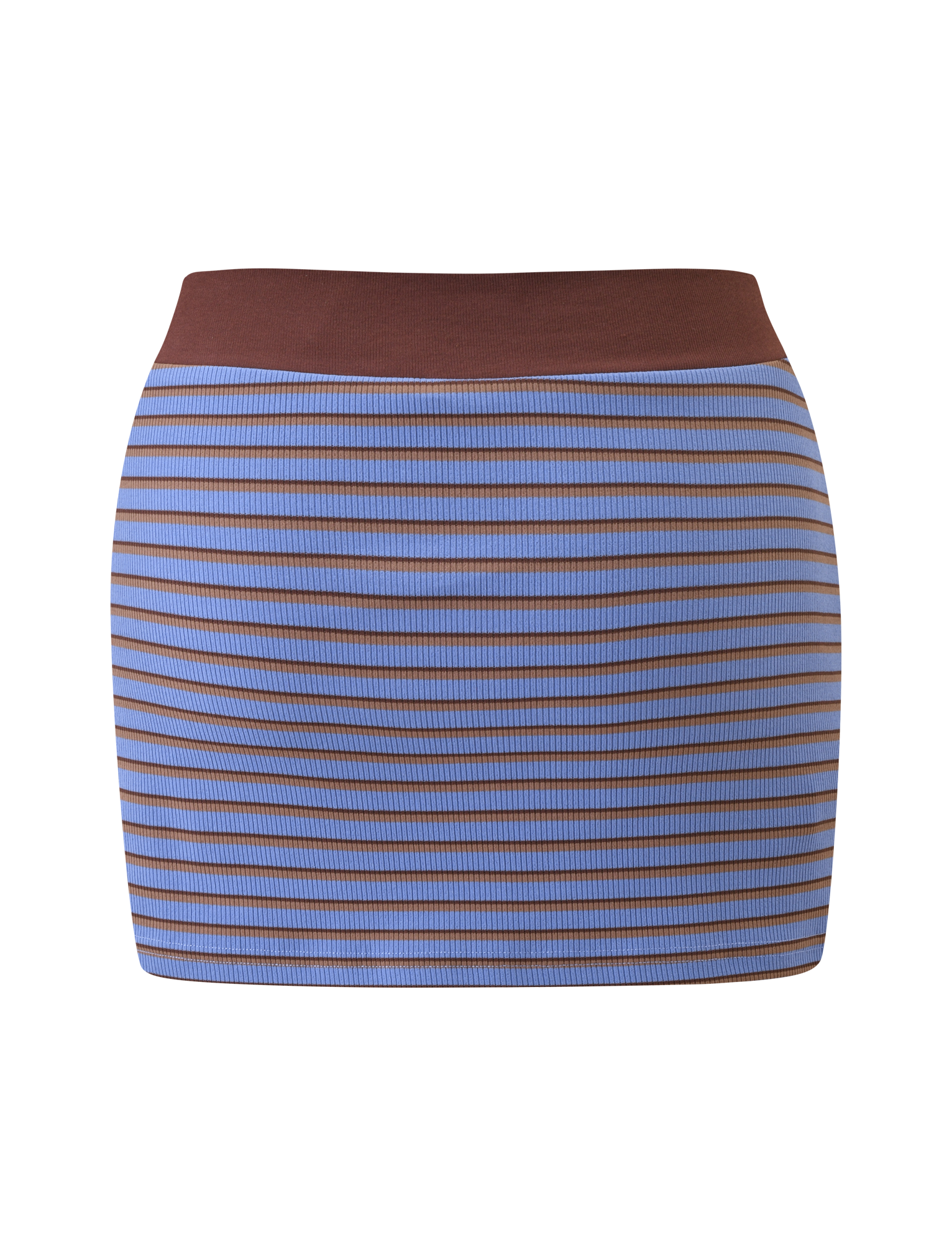 The TIGERMIST KAYDIN SKORT features horizontal blue and brown stripes with a solid brown waistband, shown against a white background.