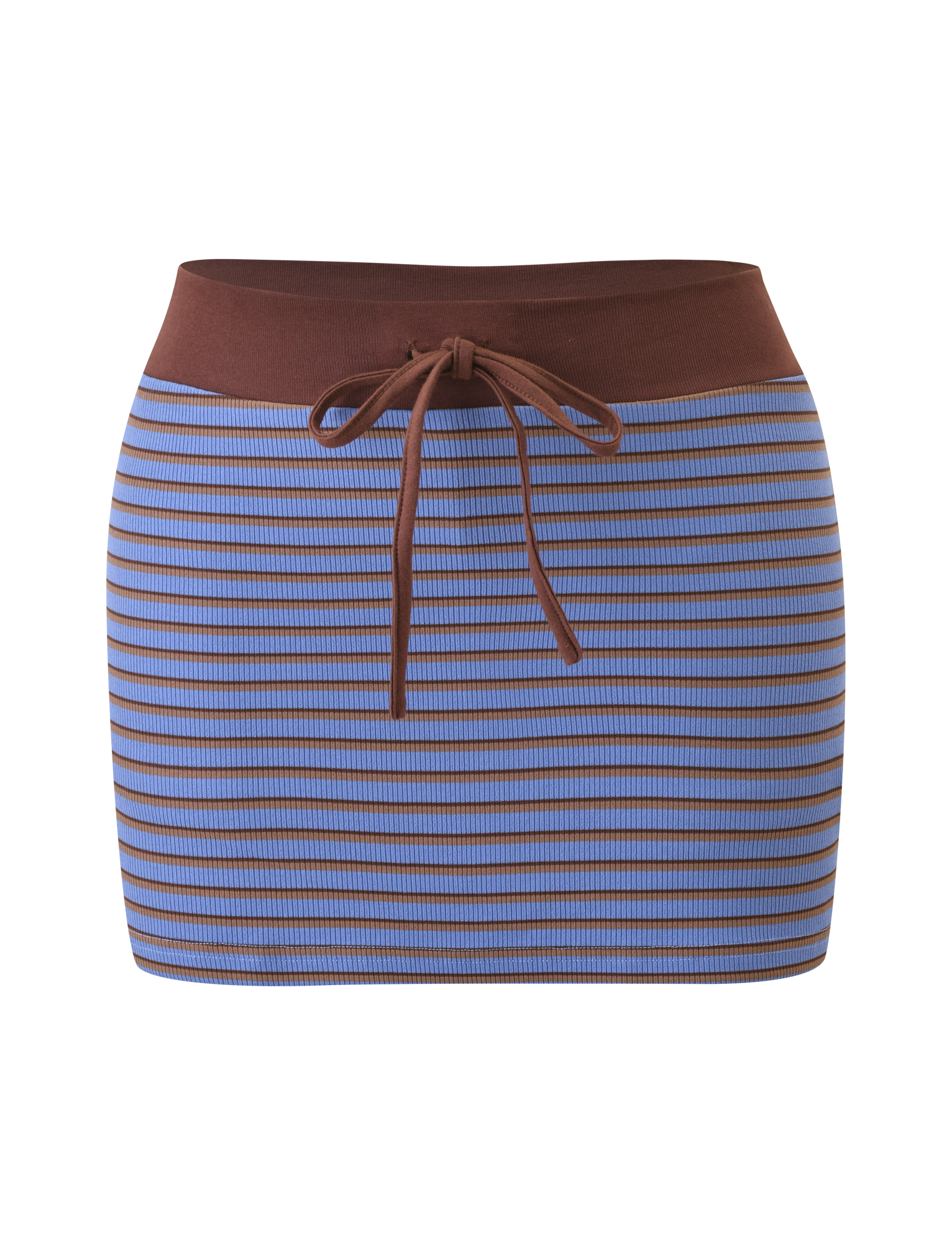 The TIGERMIST KAYDIN SKORT in blue and brown stripe features a wide brown waistband and front drawstring tie. This striped mini skort is shown against a plain white background.
