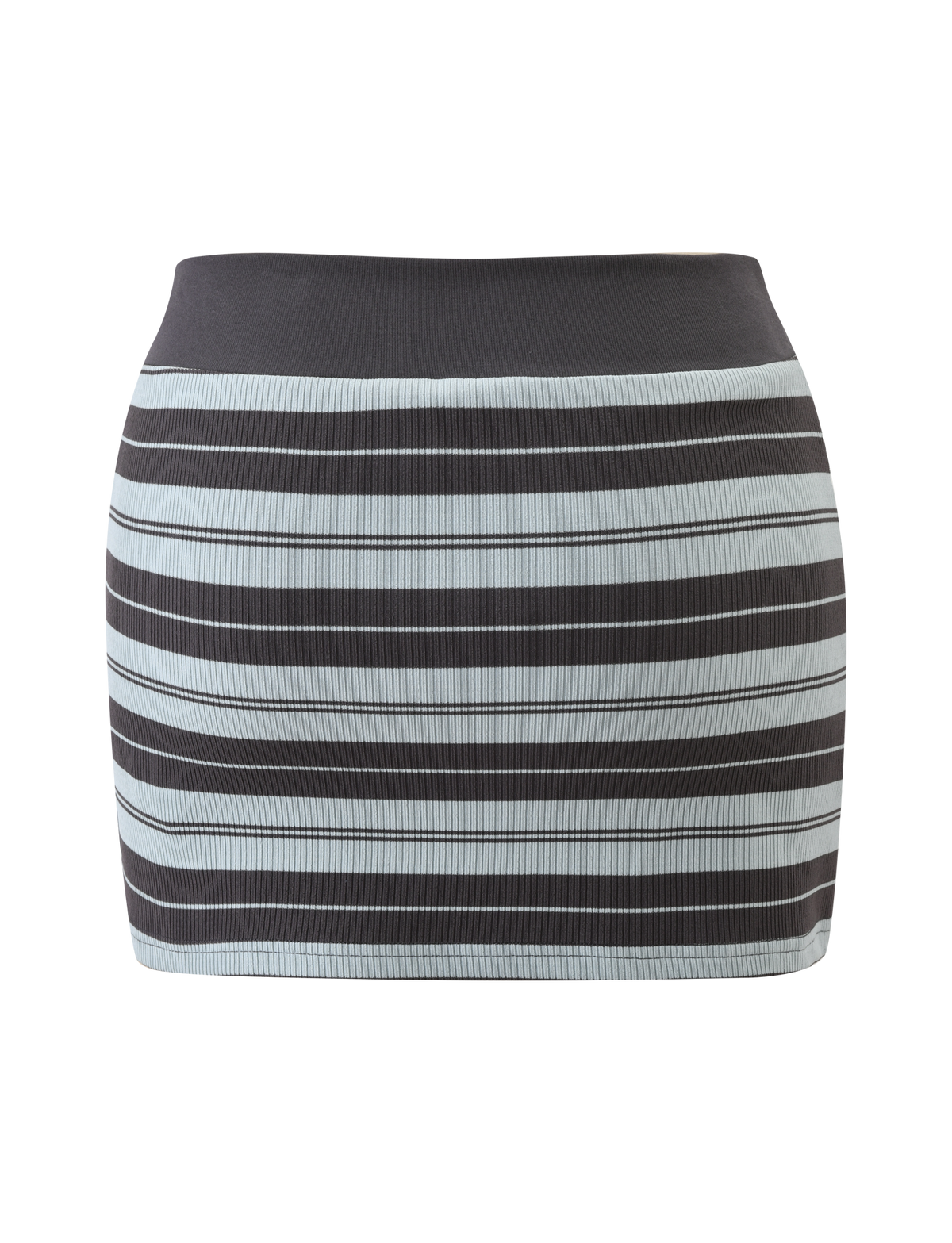 The TIGERMIST KAYDIN SKORT - BLUE STRIPE is a fitted knit mini skort with horizontal blue stripes, a sleek waistband, and a straight, slim silhouette.