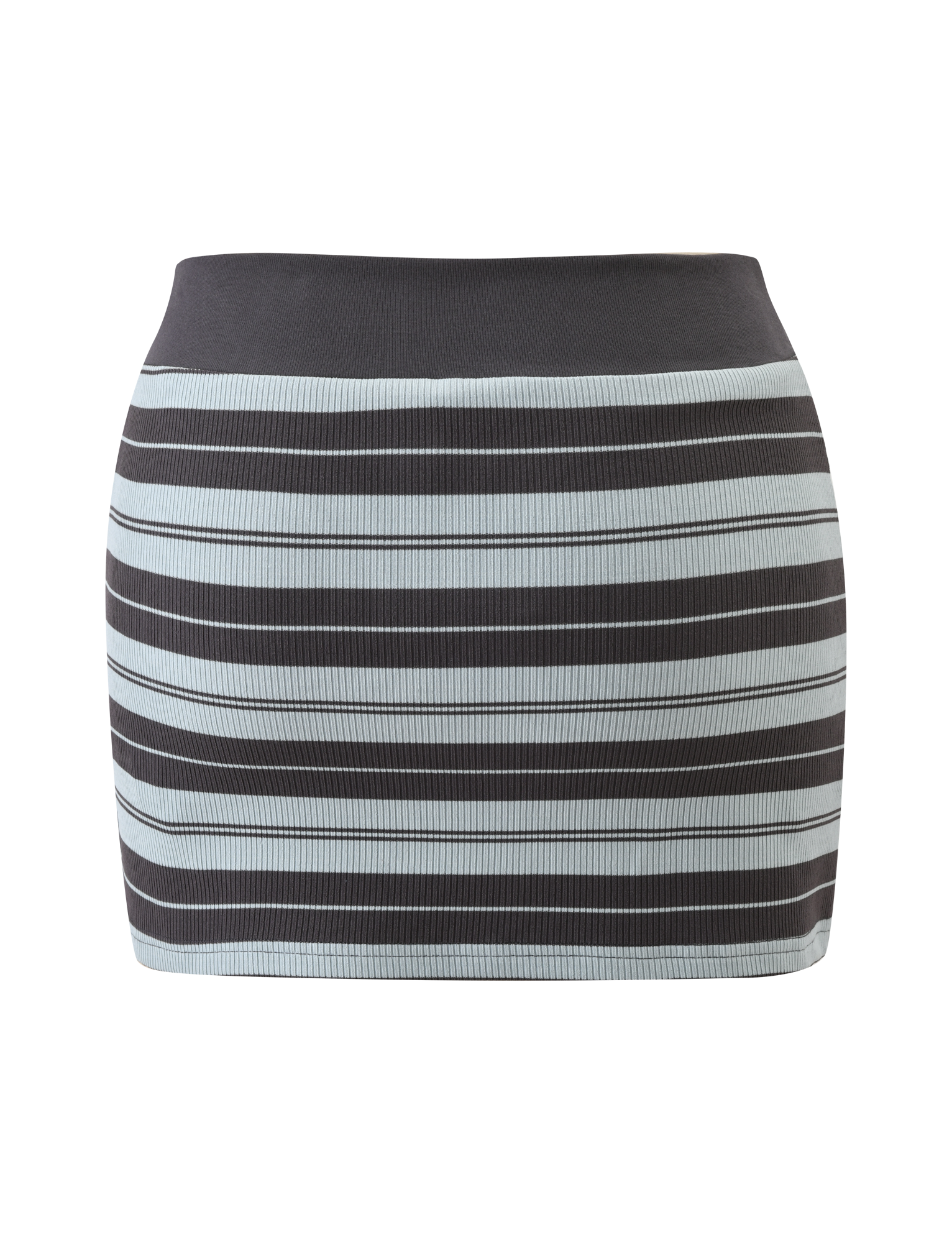 The TIGERMIST KAYDIN SKORT - BLUE STRIPE is a fitted knit mini skort with horizontal blue stripes, a sleek waistband, and a straight, slim silhouette.