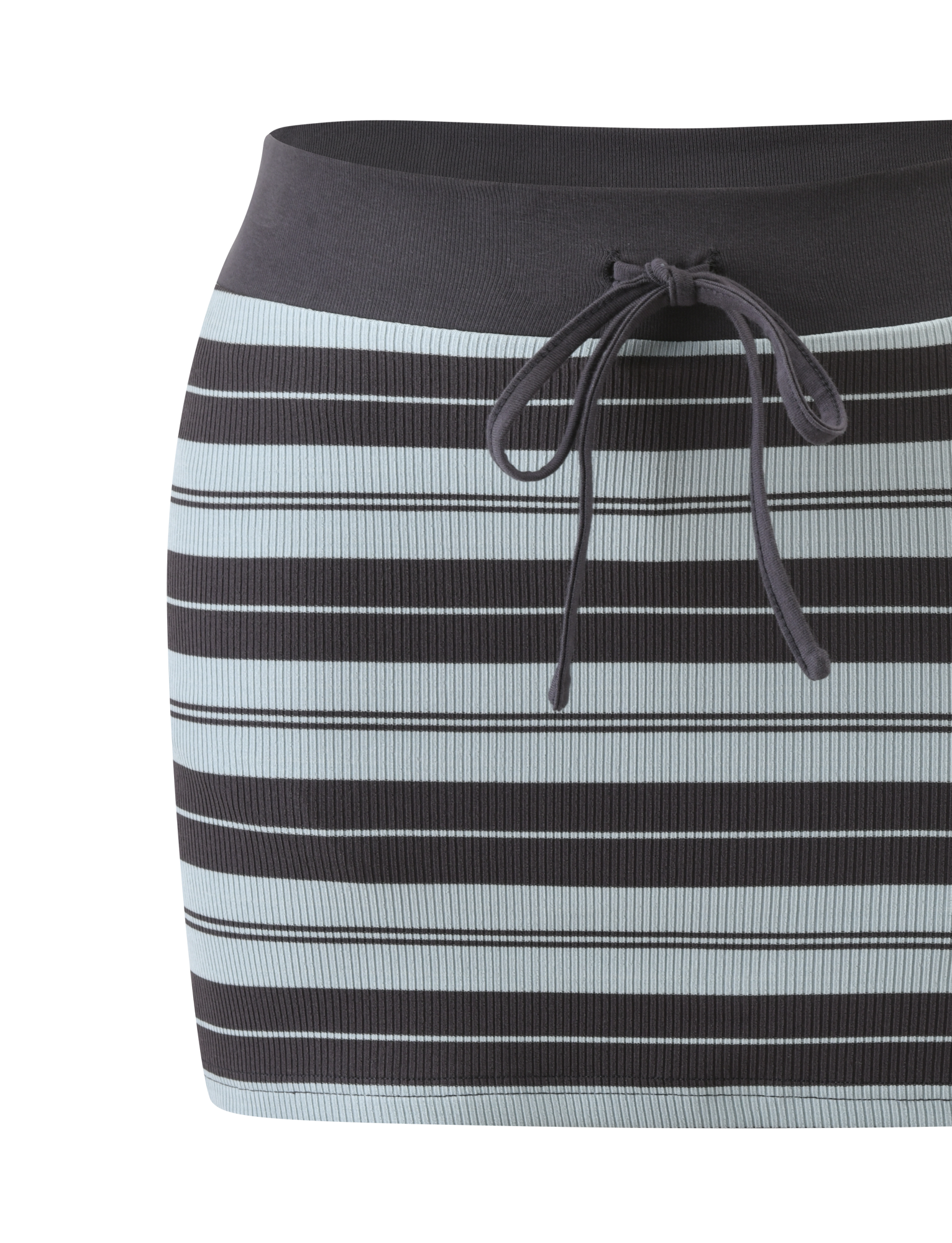 The TIGERMIST KAYDIN SKORT - BLUE STRIPE features a fitted knit mini design with horizontal black, gray, and blue stripes and a black drawstring waistband.