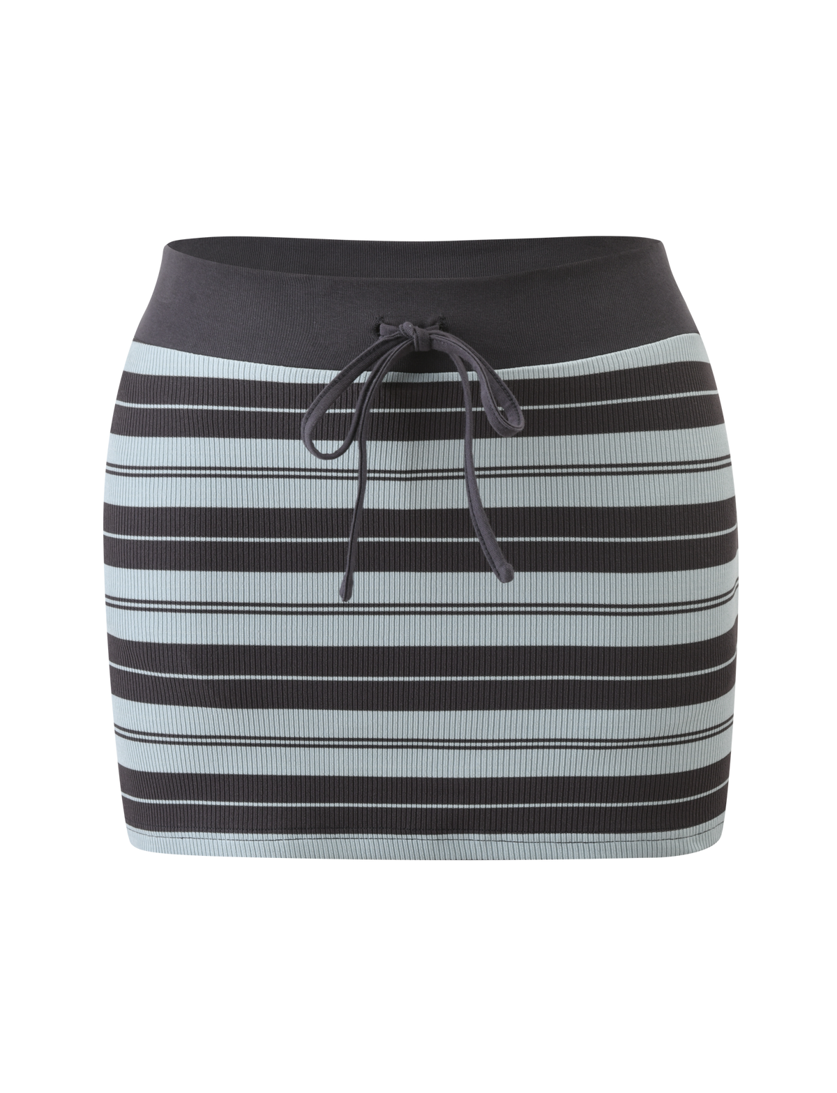 The KAYDIN SKORT - BLUE STRIPE by TIGERMIST is a fitted knit mini skort with black and light blue horizontal stripes, featuring a black waistband and front drawstring tie.