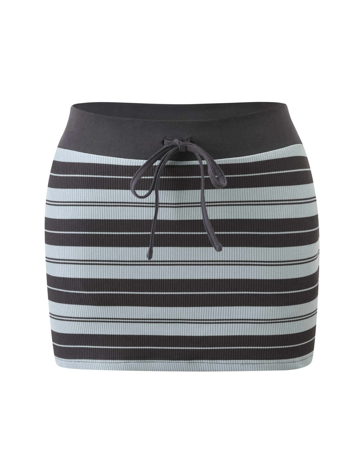 The KAYDIN SKORT - BLUE STRIPE by TIGERMIST is a fitted knit mini skort with black and light blue horizontal stripes, featuring a black waistband and front drawstring tie.