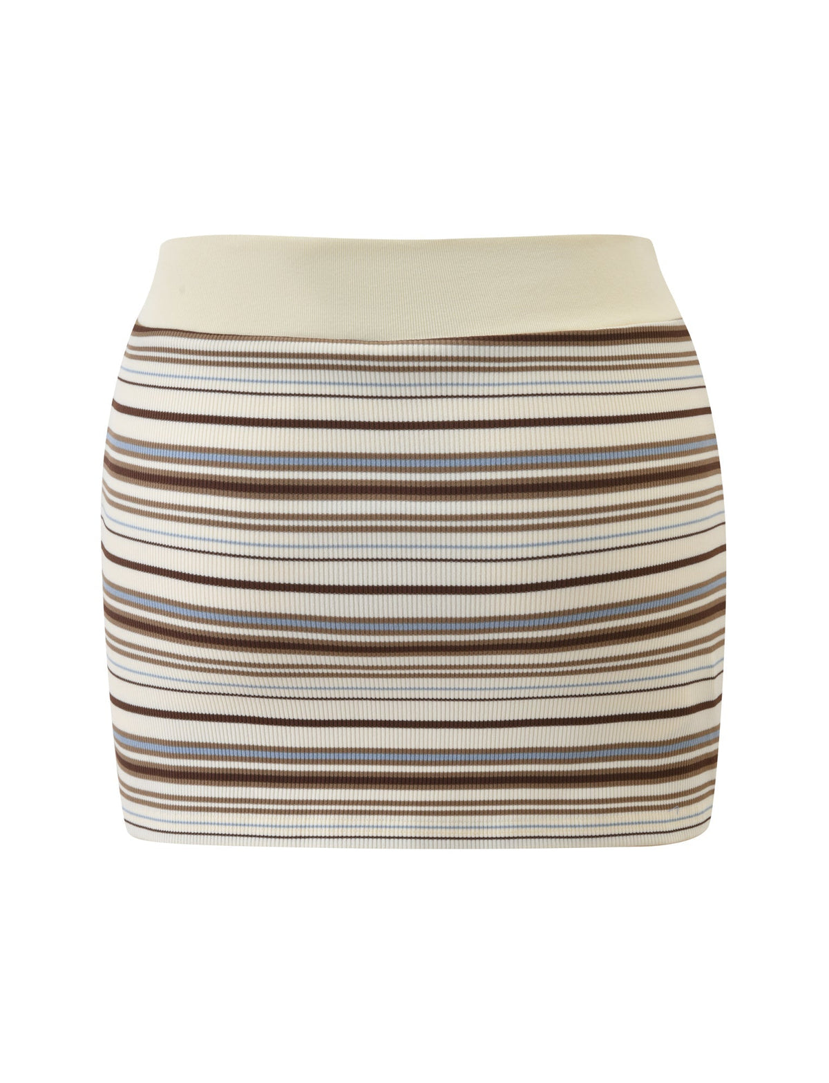 The KAYDIN SKORT - CREAM STRIPE by TIGERMIST is a ribbed, fitted mini skort with brown, beige, and cream stripes on white, featuring a contrast cream waistband and bodycon fit for a flattering look.