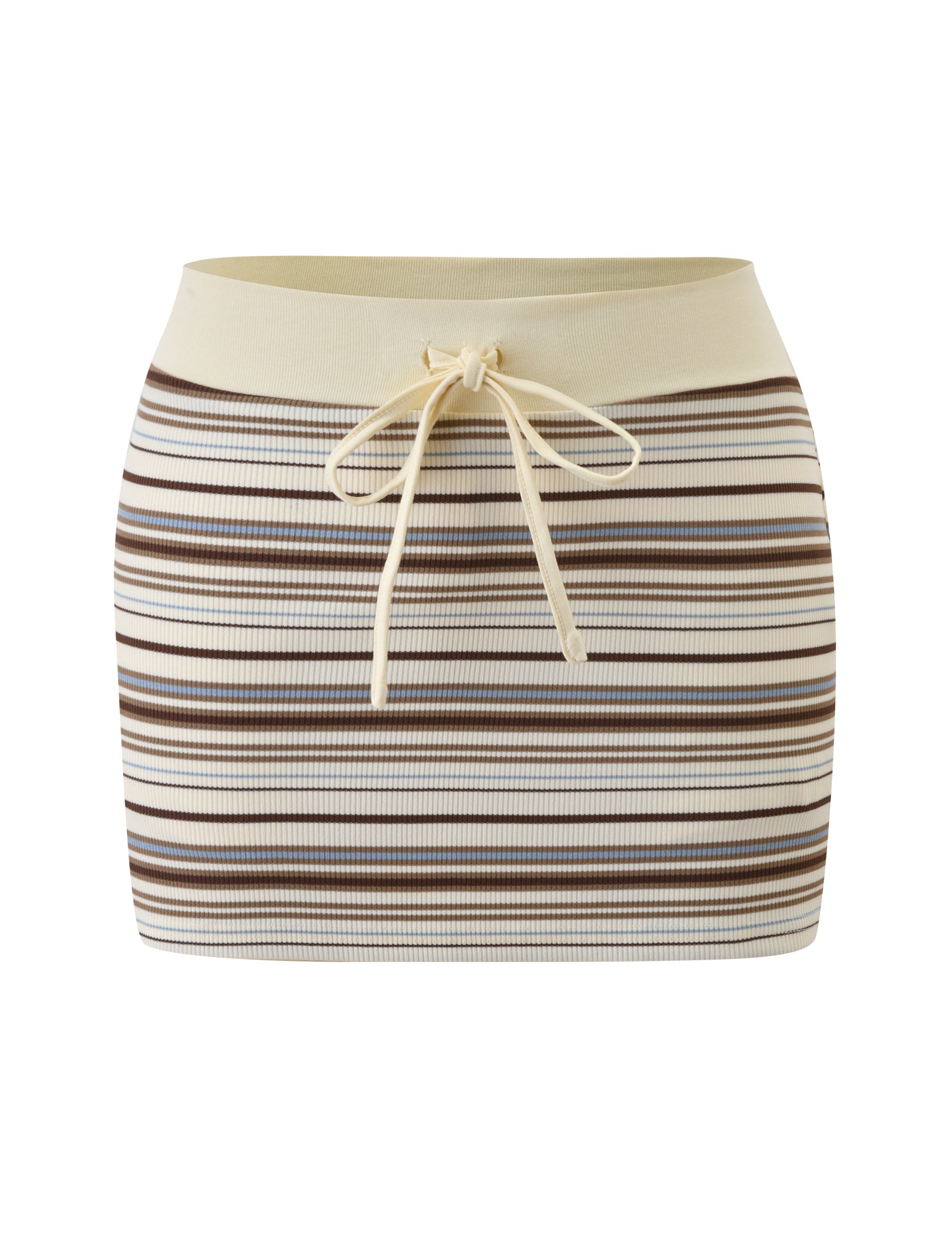 The TIGERMIST KAYDIN SKORT - CREAM STRIPE is a fitted, cream knit mini skort with horizontal brown stripes, a contrast cream waistband, and a matching drawstring bow, shown against a white background.