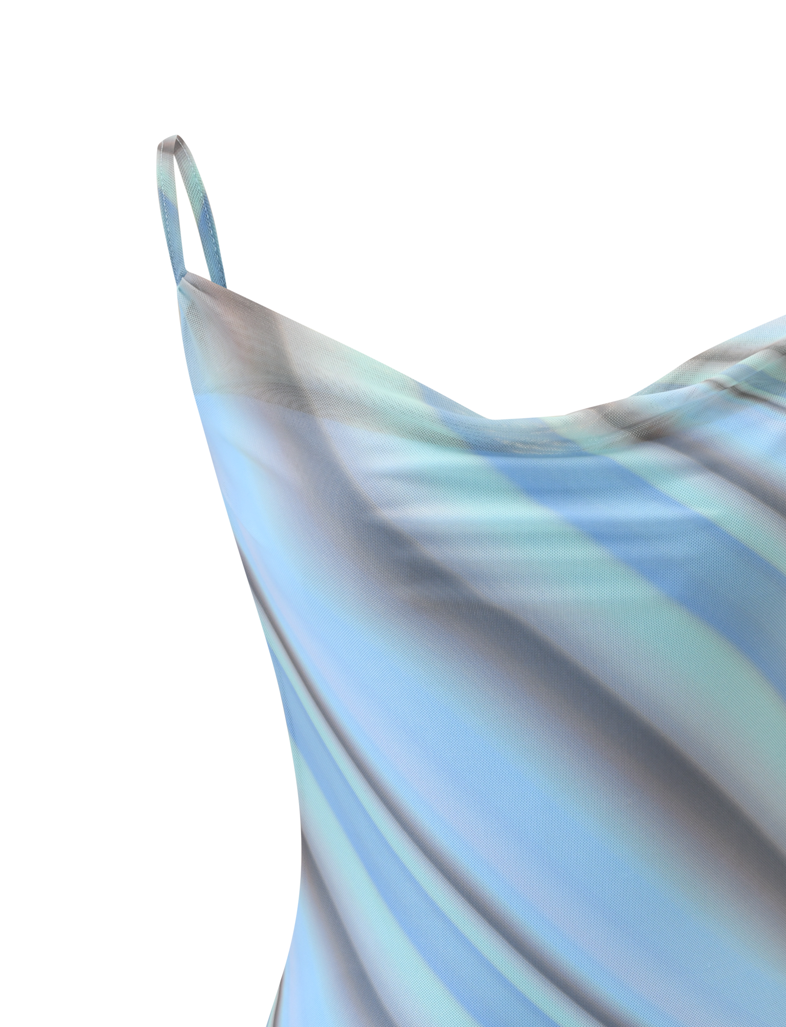 Close-up of the TIGERMIST MORANA MESH MINI DRESS - MULTISTRIPE, a blue mini dress with thin straps featuring smooth pastel stripes in blue, teal, and gray on white mesh fabric with a soft, slightly shiny finish.