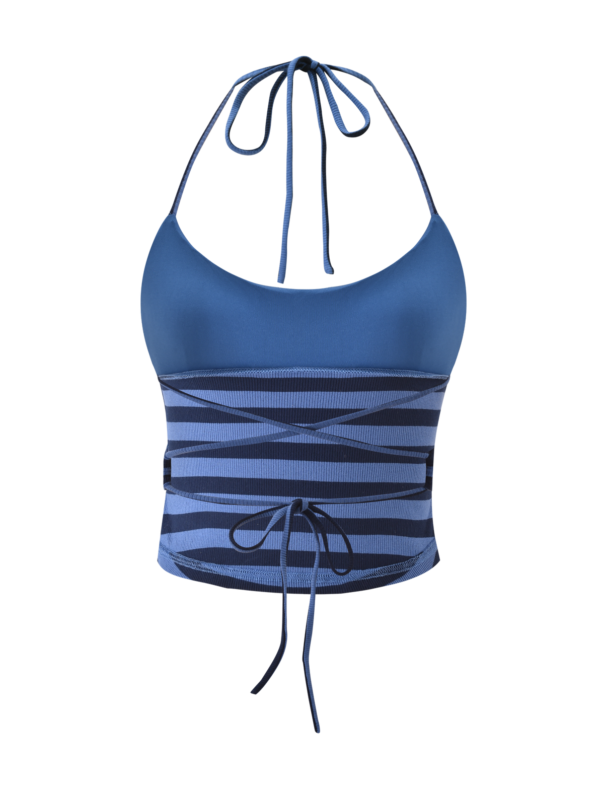 The CERYS RIB TOP - BLUE NAVY STRIPE by TIGERMIST is a halter neck crop top featuring blue navy stripes, thin adjustable ties at the neck and waist, a scoop neckline, and ribbed knit detailing on the lower half.
