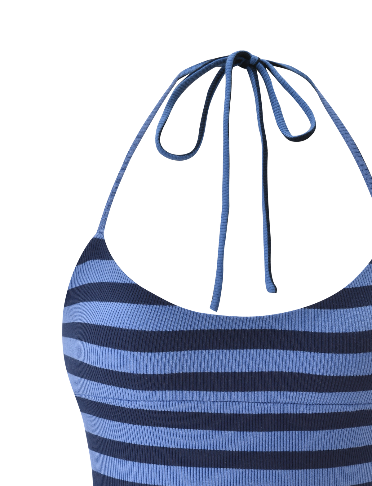 Close-up of the CERYS RIB TOP by TIGERMIST in blue navy stripe, featuring a ribbed knit texture and thin halter straps tied at the neck, shown against a plain white background.