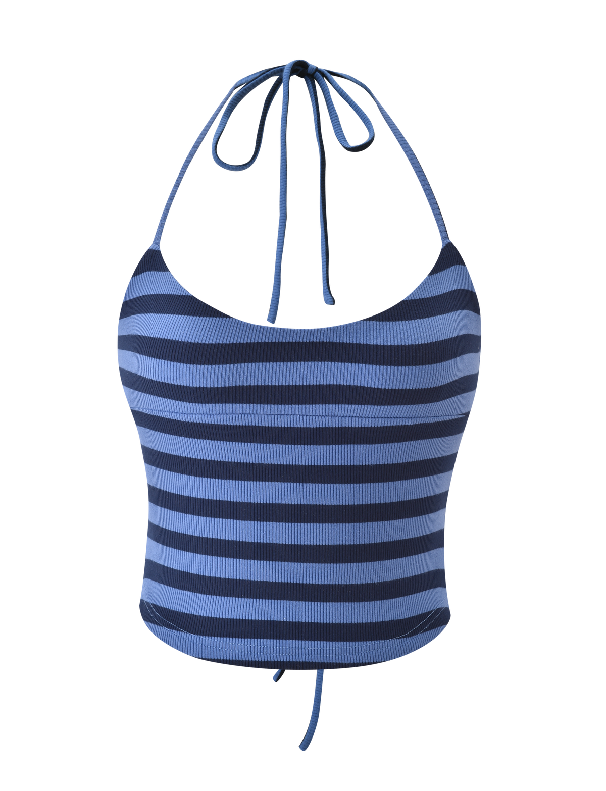 The CERYS RIB TOP by TIGERMIST features blue navy stripes, a ribbed knit, halter neck with tie details at the neck and back, thin straps, and a scoop neckline.