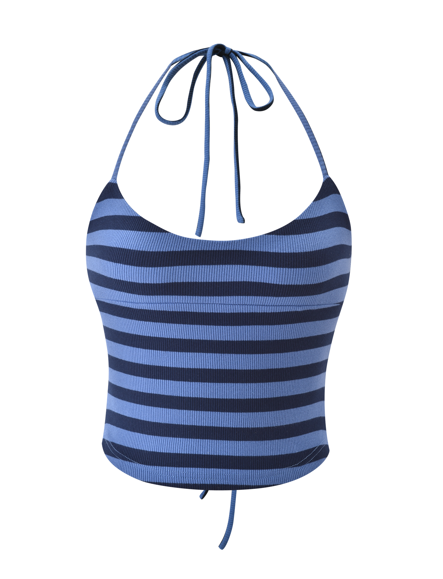 The CERYS RIB TOP by TIGERMIST features blue navy stripes, a ribbed knit, halter neck with tie details at the neck and back, thin straps, and a scoop neckline.