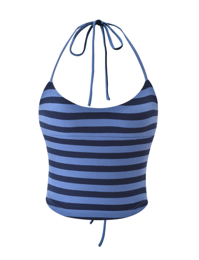 The CERYS RIB TOP by TIGERMIST features blue navy stripes, a ribbed knit, halter neck with tie details at the neck and back, thin straps, and a scoop neckline.