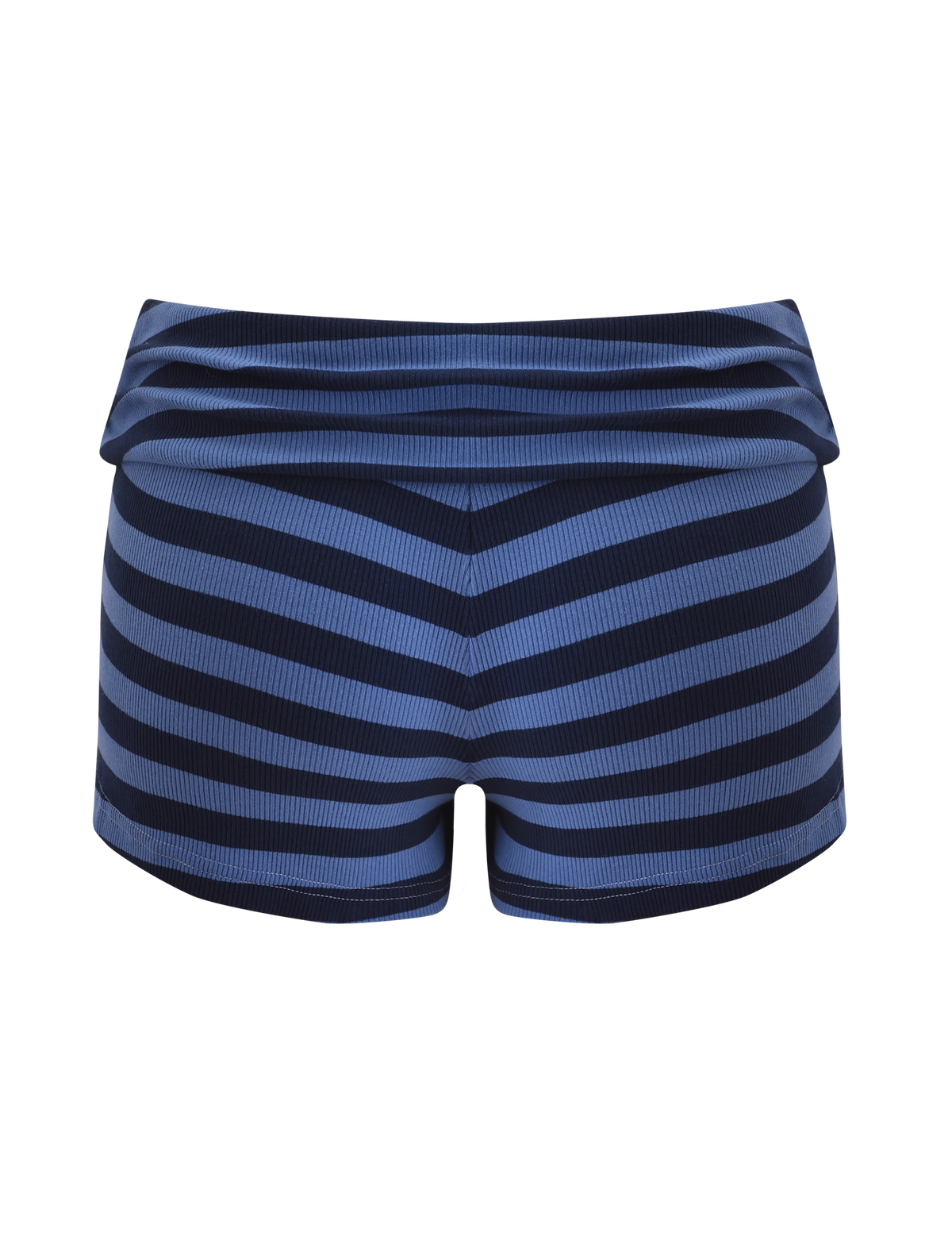 The CERYS RIB SHORT - BLUE NAVY STRIPE by TIGERMIST features super mini shorts with a foldover waistband and bold horizontal and diagonal stripes, shown against a plain white background.