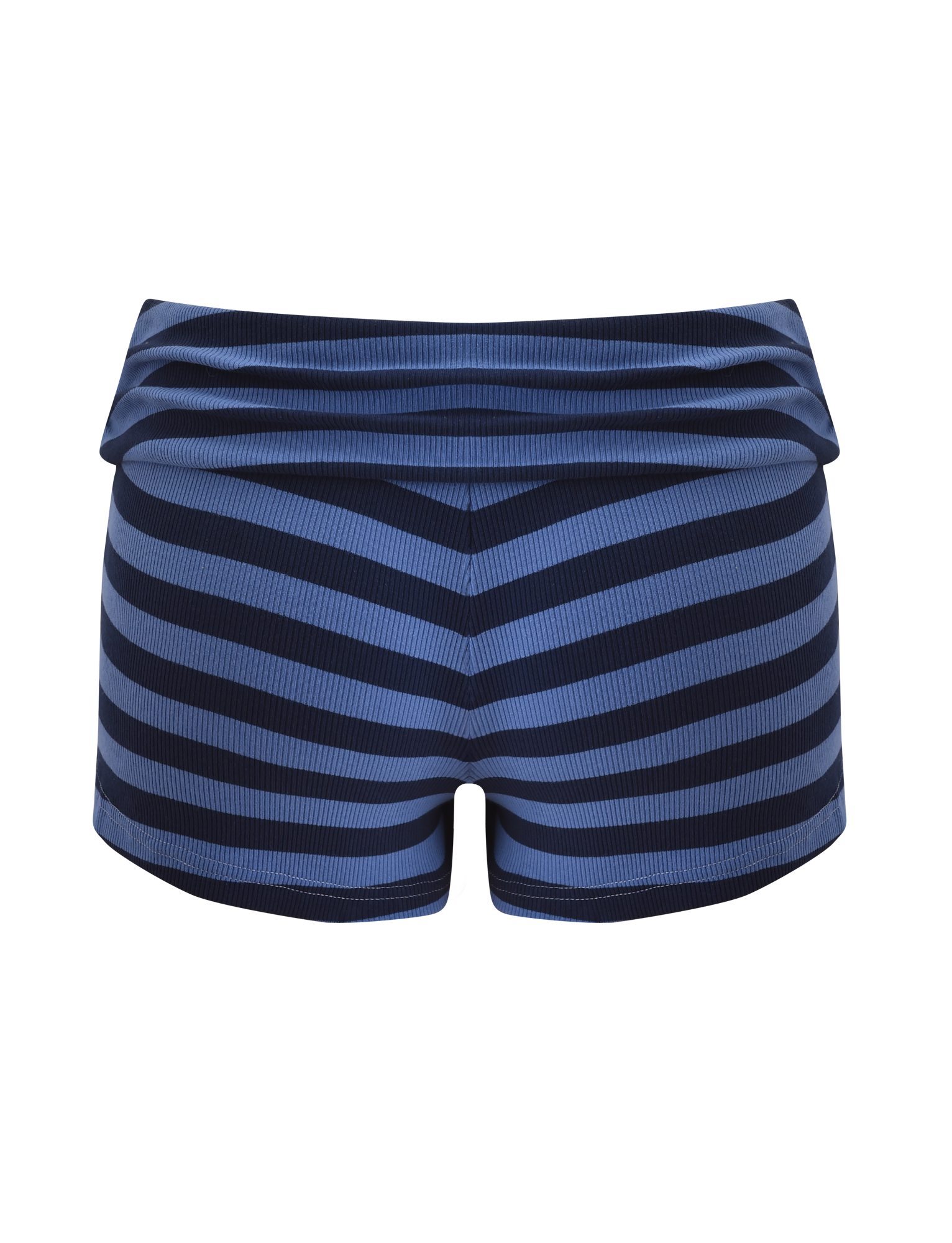 The CERYS RIB SHORT - BLUE NAVY STRIPE by TIGERMIST features super mini shorts with a foldover waistband and bold horizontal and diagonal stripes, shown against a plain white background.