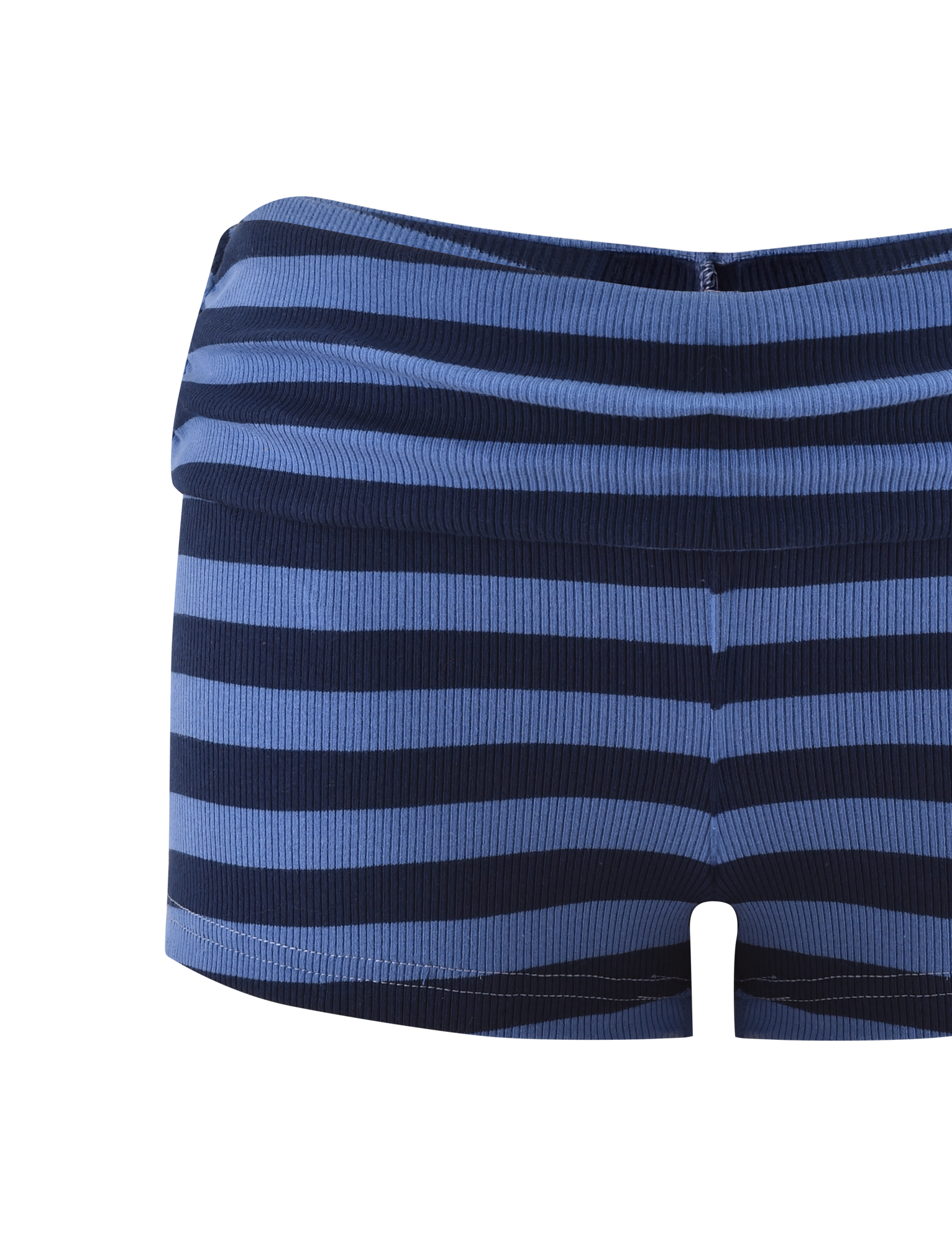 The CERYS RIB SHORT - BLUE NAVY STRIPE by TIGERMIST features blue and navy stripes, a ribbed knit, foldover waistband, and super mini short length, shown against a plain white background.