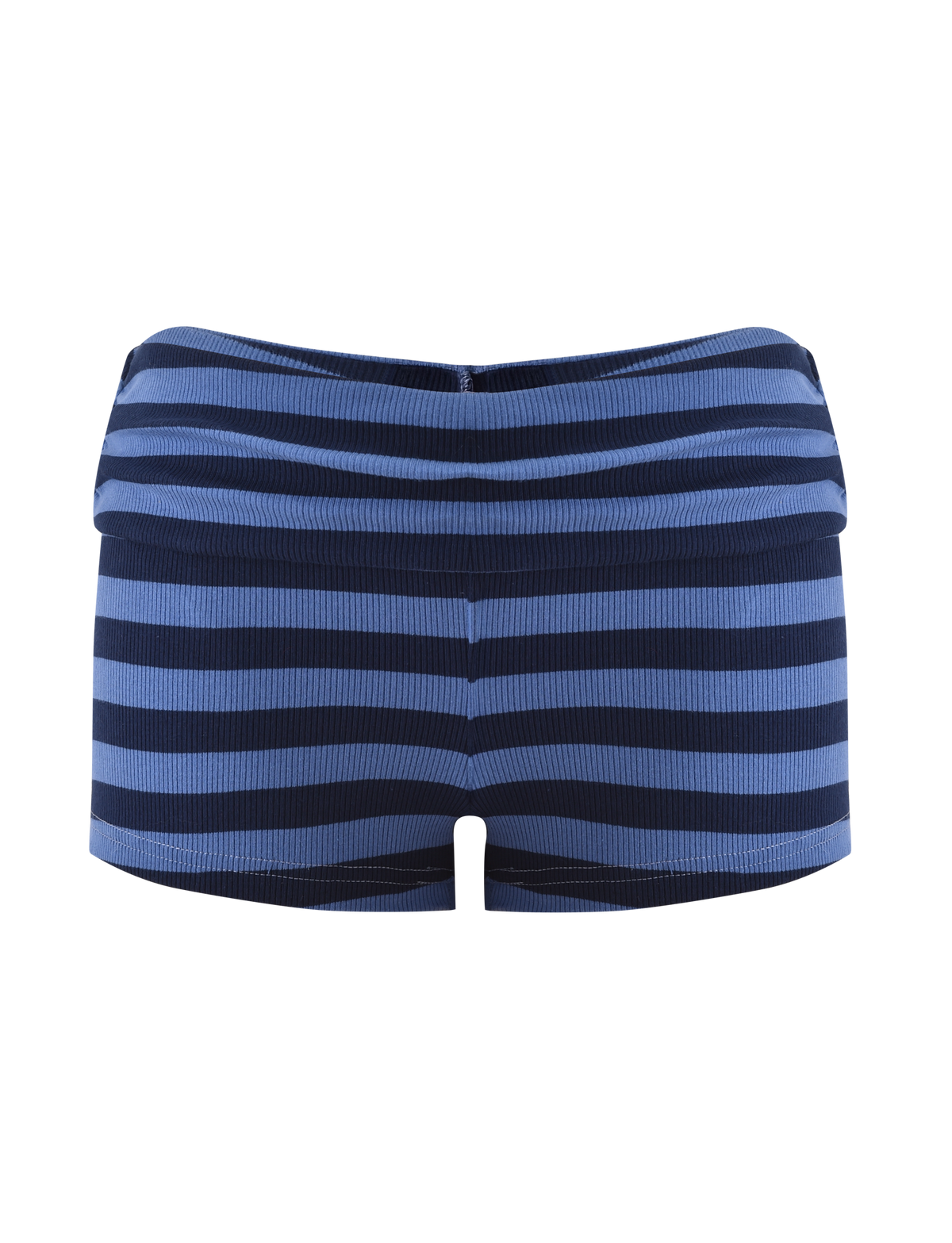 The TIGERMIST CERYS RIB SHORT - BLUE NAVY STRIPE features blue and navy horizontal stripes, ribbed knit fabric, and a foldover waistband, shown against a plain white background.
