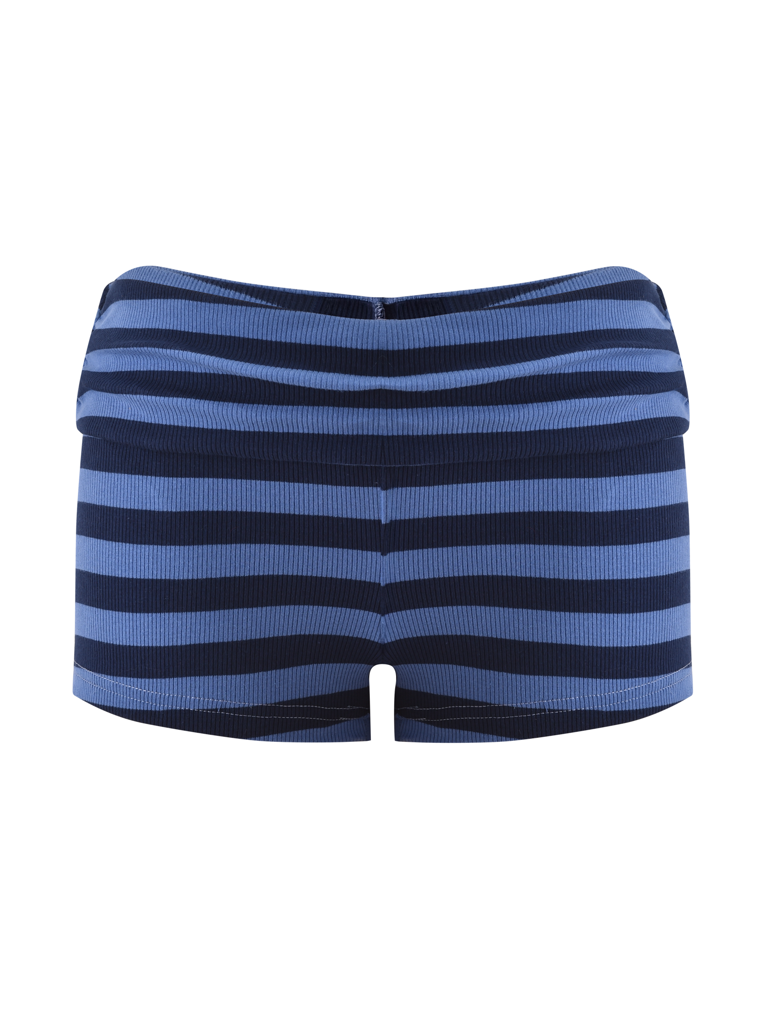 The TIGERMIST CERYS RIB SHORT - BLUE NAVY STRIPE features blue and navy horizontal stripes, ribbed knit fabric, and a foldover waistband, shown against a plain white background.