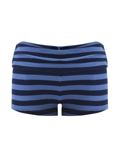 The TIGERMIST CERYS RIB SHORT - BLUE NAVY STRIPE features blue and navy horizontal stripes, ribbed knit fabric, and a foldover waistband, shown against a plain white background.