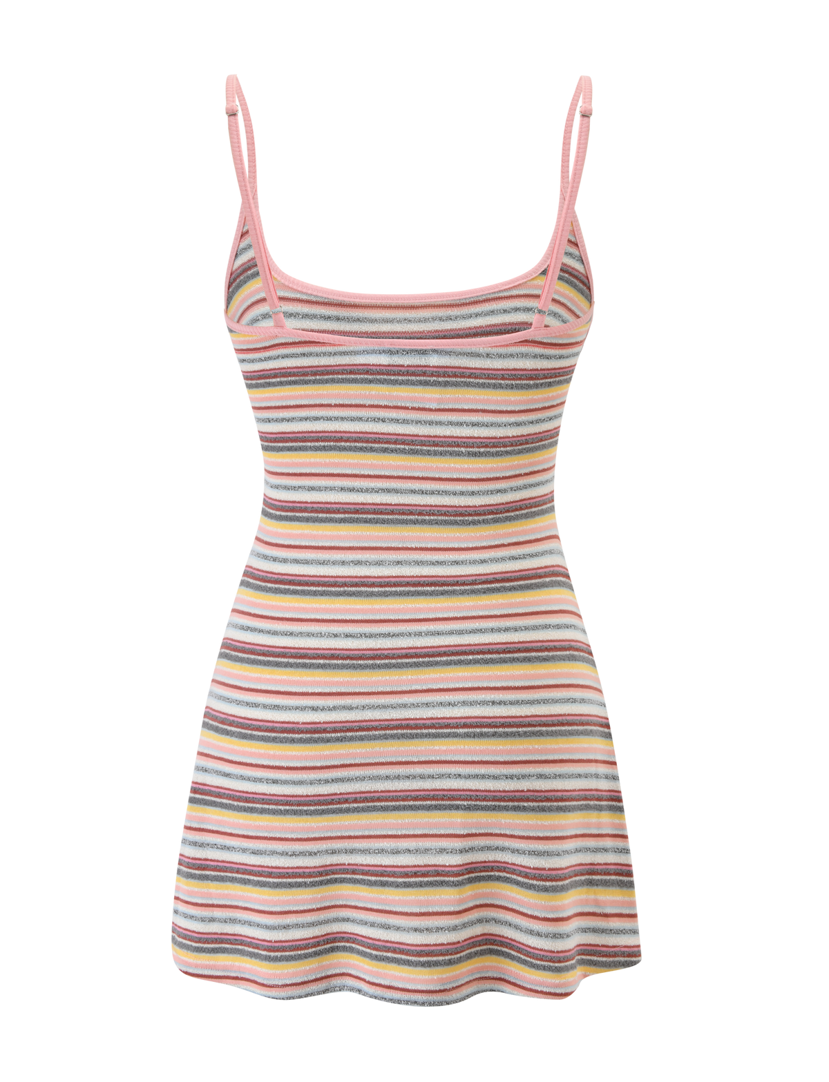 The TIGERMIST CELESTE MINI DRESS - MULTISTRIPE is a sleeveless, fitted mini dress with a belt, adjustable straps, scoop neckline, and a pastel-hued horizontal stripe pattern—pink, yellow, green, blue, and gray—on white.