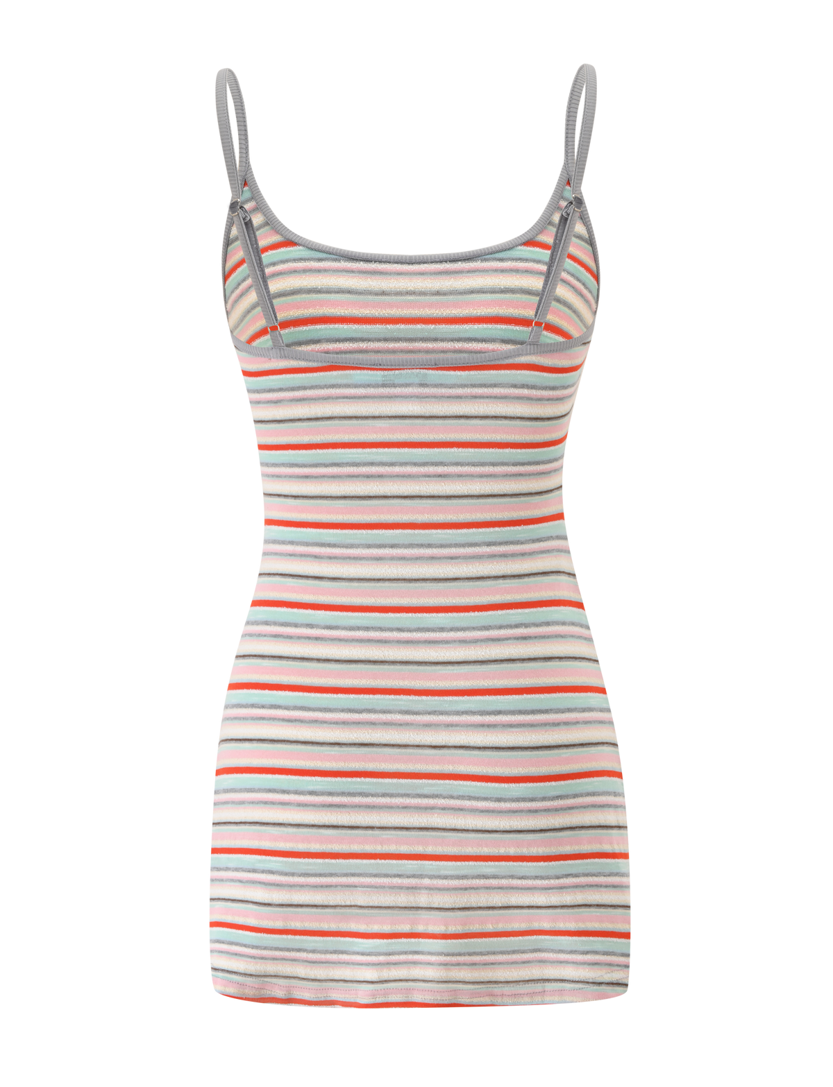 The TIGERMIST CELESTE MINI DRESS - MINTY STRIPE is a sleeveless, fitted mini dress with thin straps and horizontal grey, orange, red, and green stripes on white.