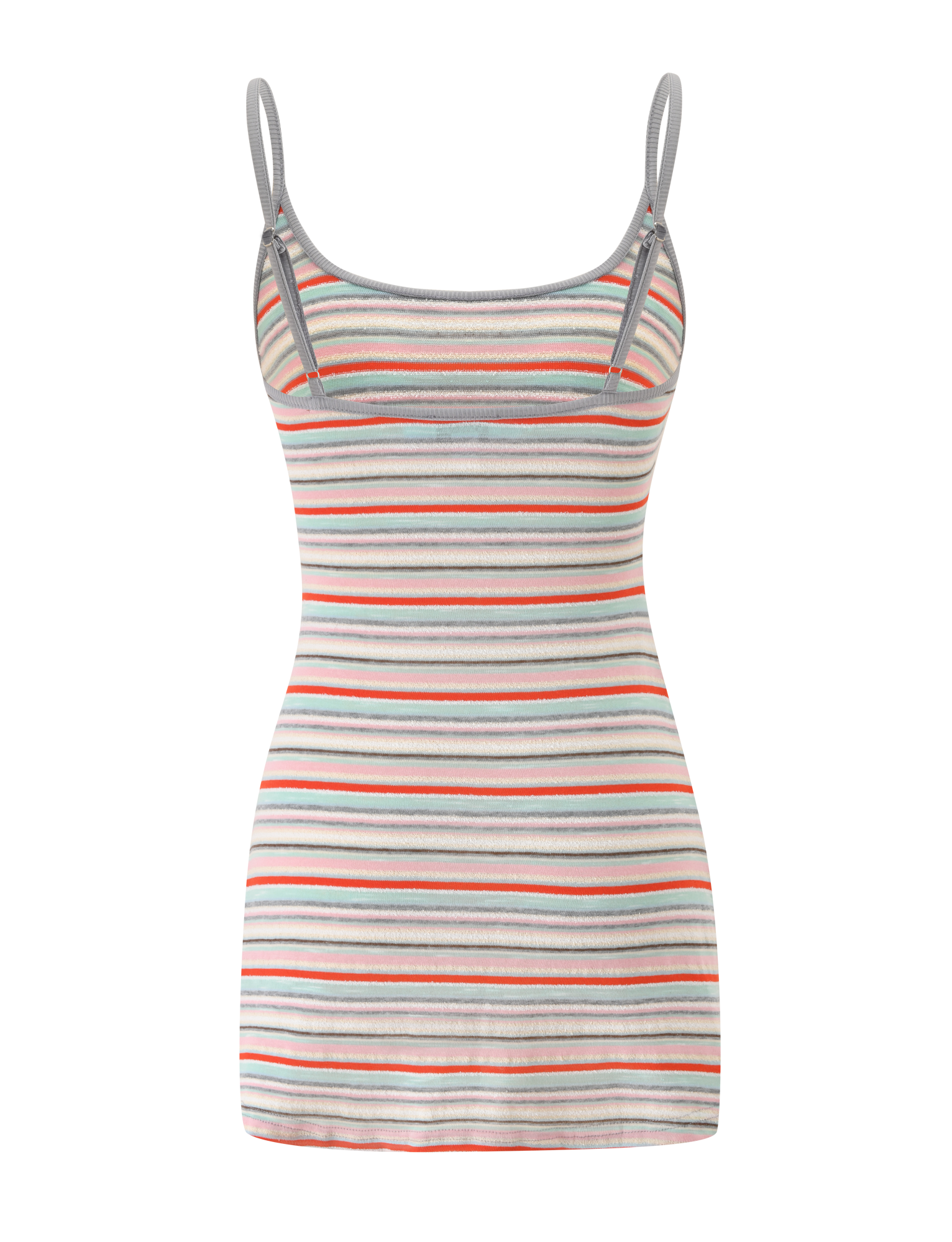 The TIGERMIST CELESTE MINI DRESS - MINTY STRIPE is a sleeveless, fitted mini dress with thin straps and horizontal grey, orange, red, and green stripes on white.