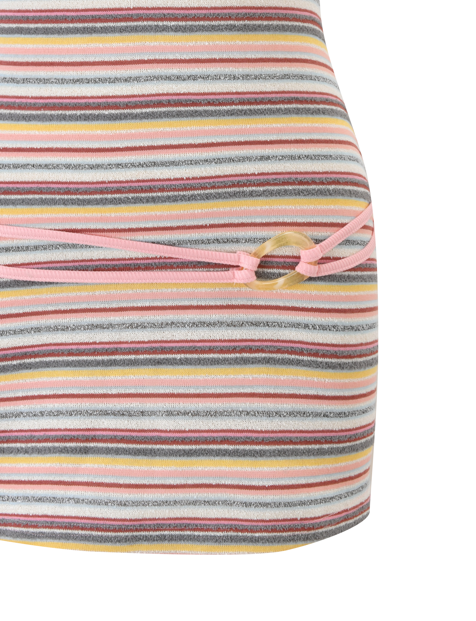 Close-up of the TIGERMIST CELESTE MINI DRESS - MULTISTRIPE, featuring yellow, pink, white, and gray stripes with a side circular cutout tied with pink string.