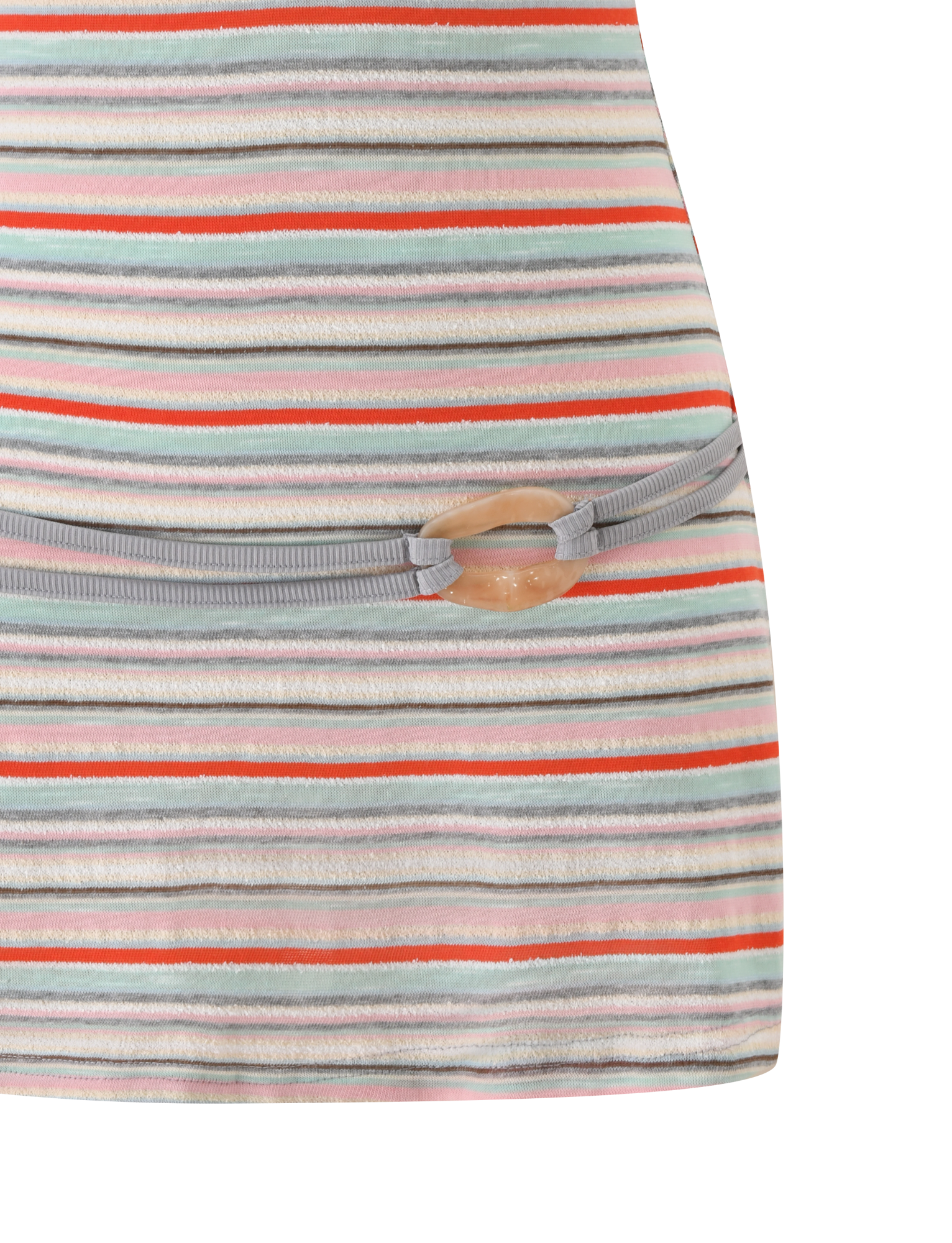 Close-up of the TIGERMIST CELESTE MINI DRESS - MINTY STRIPE: a pastel-striped knit in coral, gray, white, and mint with horizontal lines and a gray drawstring accented by an oval translucent bead.