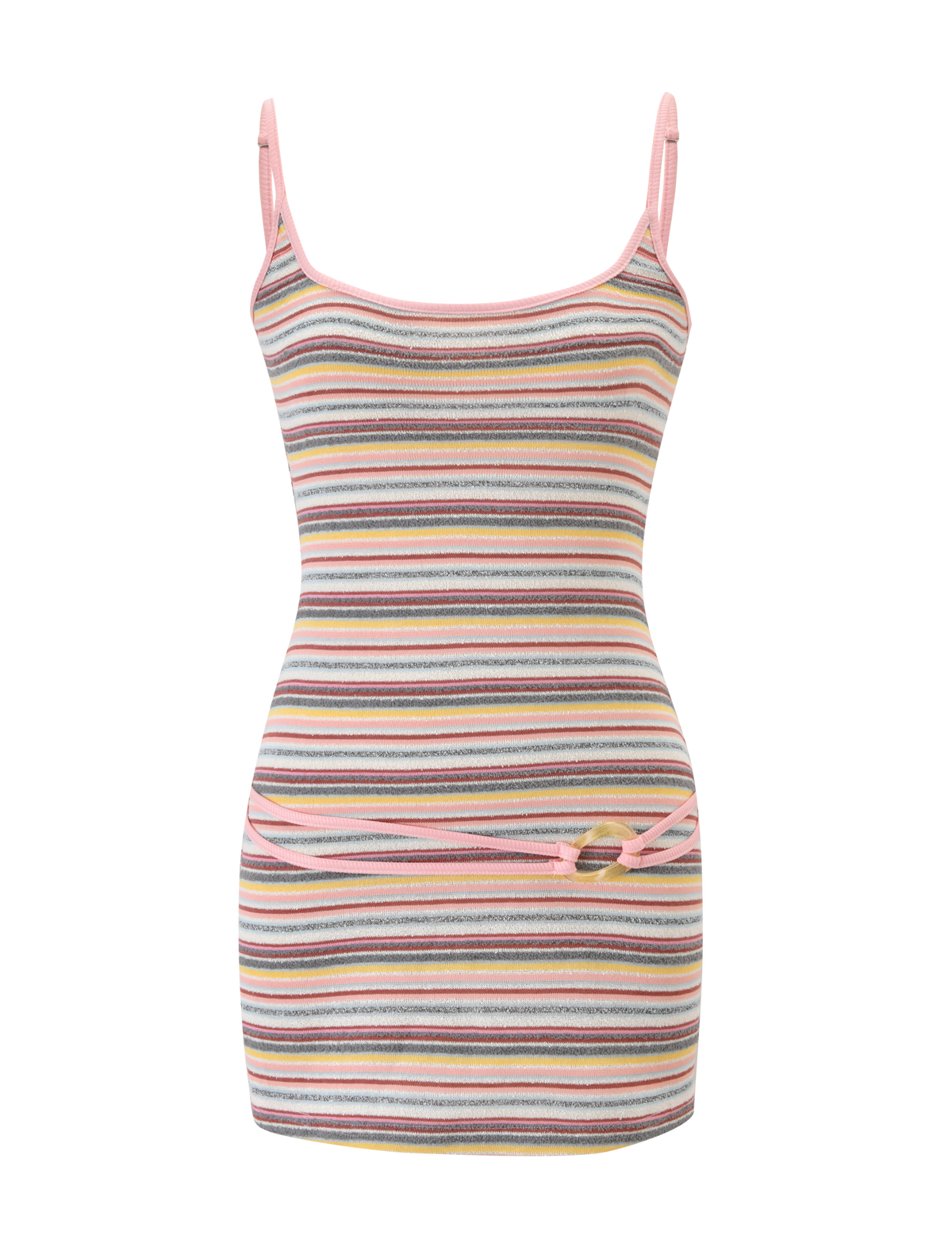 The TIGERMIST CELESTE MINI DRESS - MULTISTRIPE is a sleeveless, fitted mini dress with adjustable shoulder straps, multicolour stripes, a pink trim, and a matching thin belt at the waist.