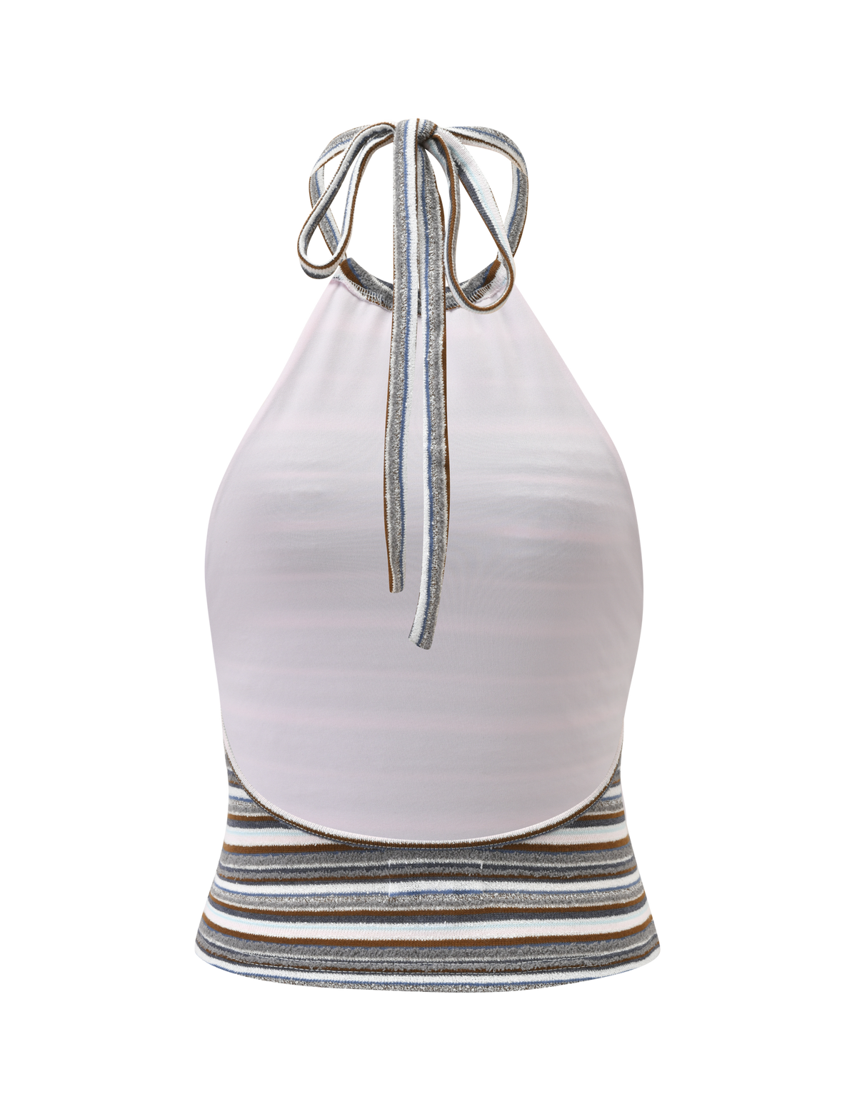 The TIGERMIST DILLON HALTER TOP - BLUE AND BROWN STRIPE is a sleeveless, fitted, cropped halter top with a neck tie. It features a light pink upper section and multi-colour horizontal stripes in brown, blue, gray, and white.