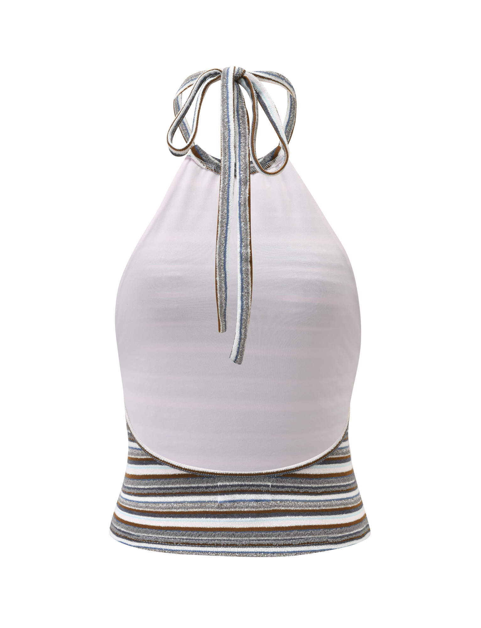 The TIGERMIST DILLON HALTER TOP - BLUE AND BROWN STRIPE is a sleeveless, fitted, cropped halter top with a neck tie. It features a light pink upper section and multi-colour horizontal stripes in brown, blue, gray, and white.