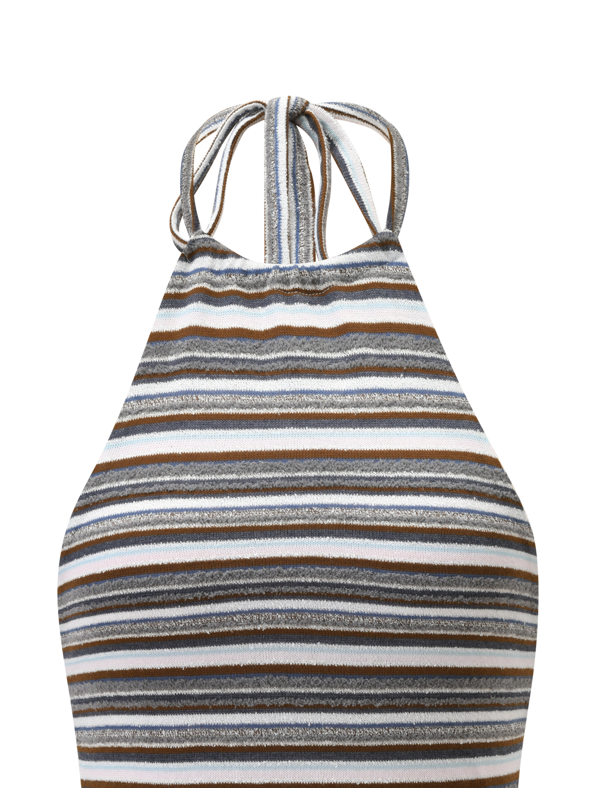 The DILLON HALTER TOP by TIGERMIST features a chic high neck, sleeveless design with blue and brown horizontal stripes and a tie neckline—an essential multi-colour piece for any wardrobe.