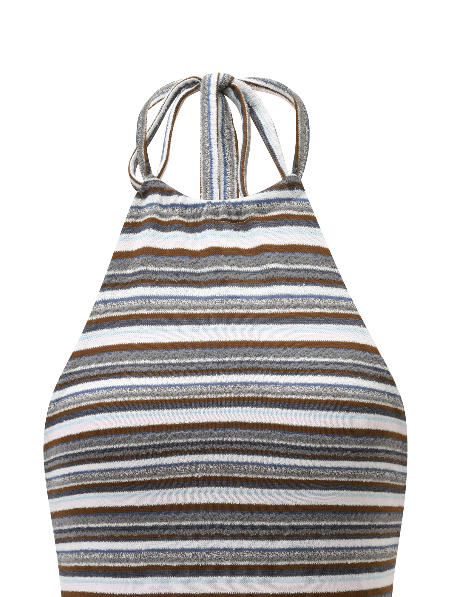 The DILLON HALTER TOP by TIGERMIST features a chic high neck, sleeveless design with blue and brown horizontal stripes and a tie neckline—an essential multi-colour piece for any wardrobe.