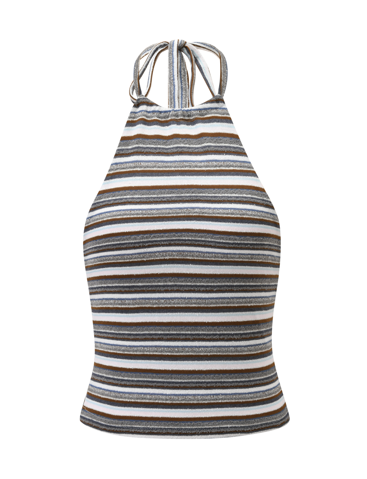 The TIGERMIST DILLON HALTER TOP features a sleeveless, fitted design with blue and brown horizontal stripes, a high neck tie, and stretchy material—perfect for a bold look.