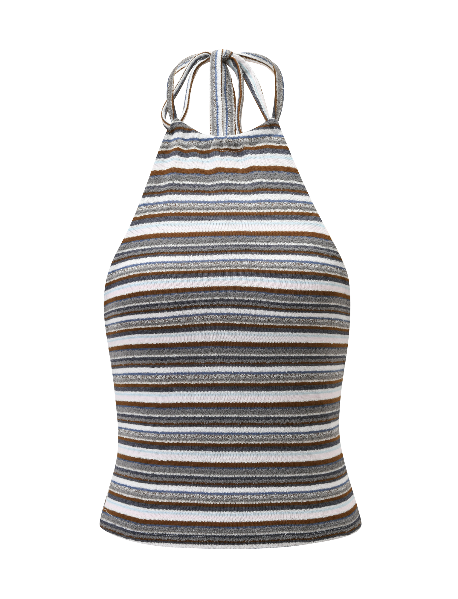 The TIGERMIST DILLON HALTER TOP features a sleeveless, fitted design with blue and brown horizontal stripes, a high neck tie, and stretchy material—perfect for a bold look.