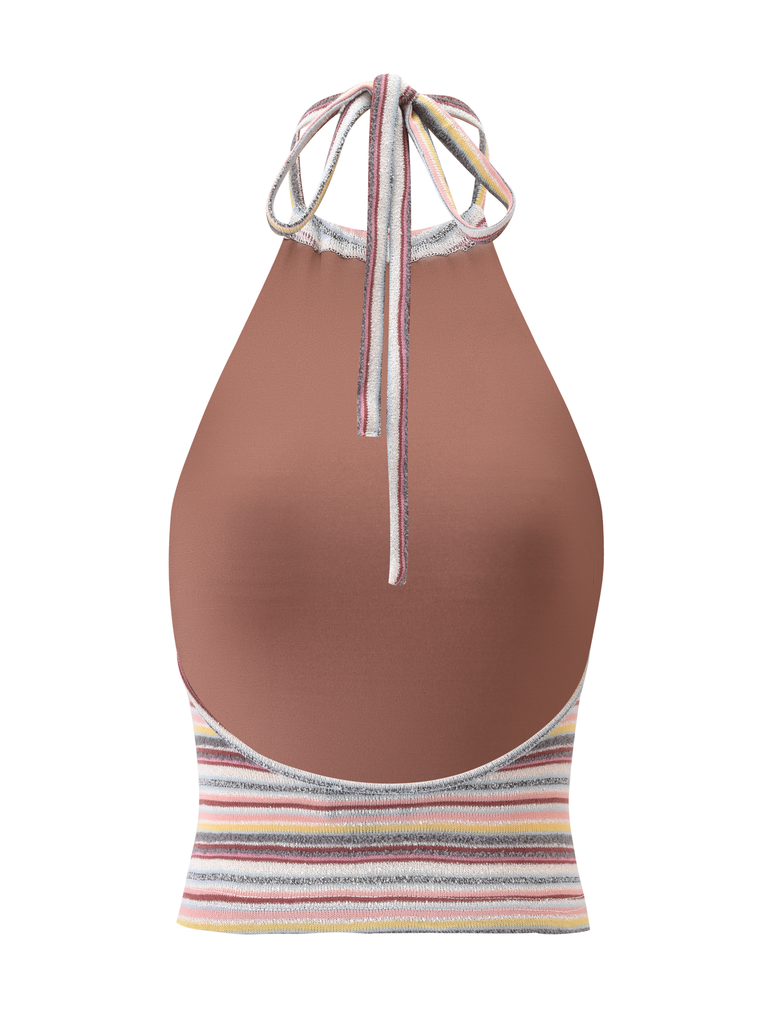The TIGERMIST DILLON TOP - MULTISTRIPE is a chic halter with a solid brown upper, multicolour striped band at the hem, and thin neck-tied straps for a stylish, high-neck look.