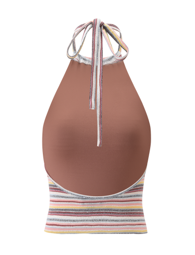 The TIGERMIST DILLON TOP - MULTISTRIPE is a chic halter with a solid brown upper, multicolour striped band at the hem, and thin neck-tied straps for a stylish, high-neck look.