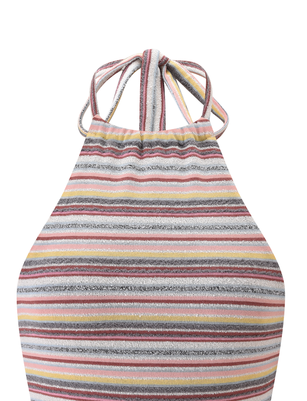 The DILLON TOP - MULTISTRIPE by TIGERMIST is a vibrant halter top with purple, yellow, white, pink, and gray horizontal stripes and adjustable neck straps—perfect for summer.
